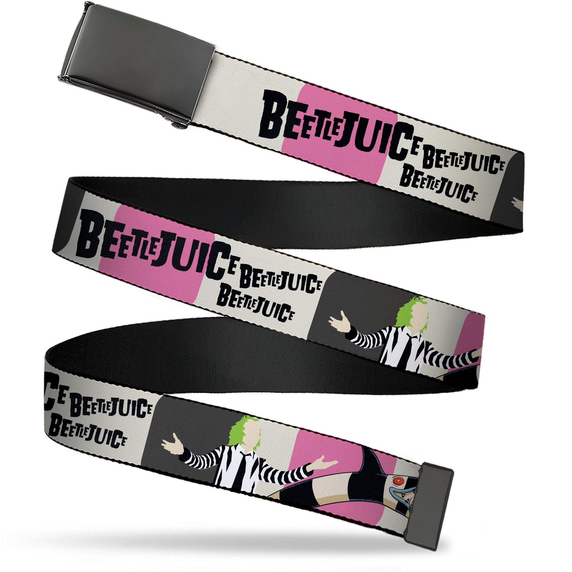 Web Belt Blank Black Buckle - BEETLEJUICE Pose and Sandworm Stripe White/Pink/Gray Webbing Web Belts Beetlejuice