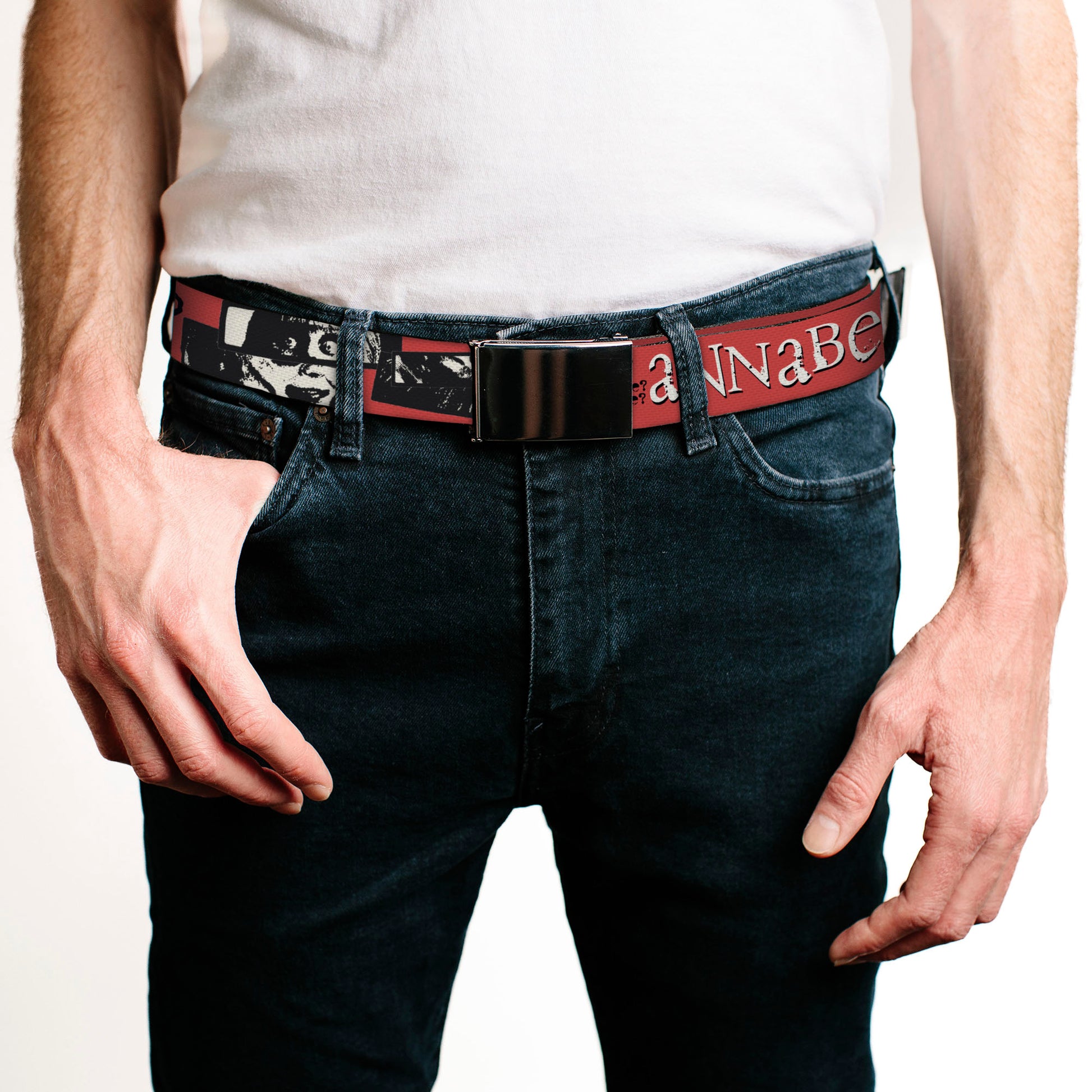 Web Belt Blank Black Buckle - ANNABELLE MISS ME Eyes and Text Red/Black/White Webbing Web Belts Annabelle