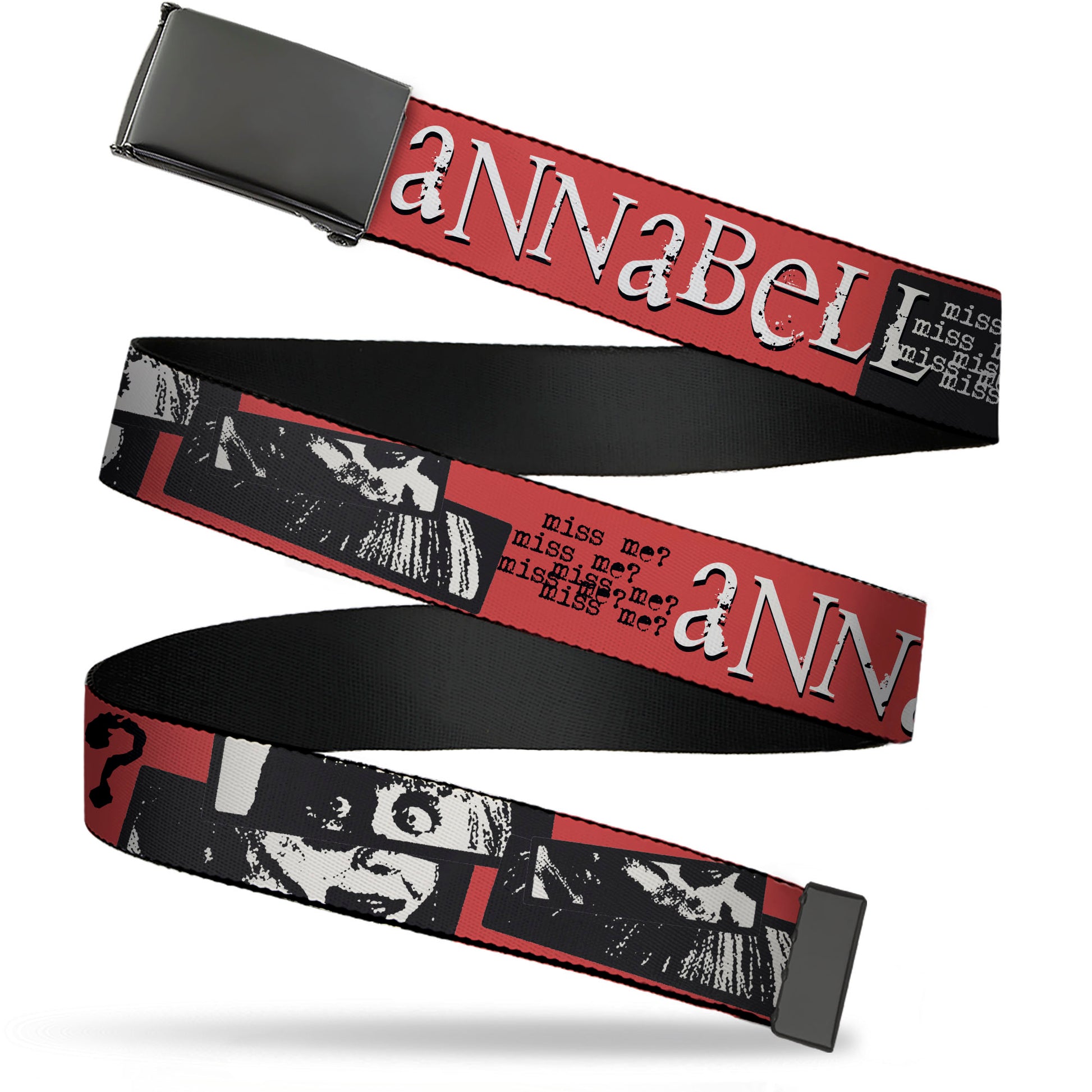 Web Belt Blank Black Buckle - ANNABELLE MISS ME Eyes and Text Red/Black/White Webbing Web Belts Annabelle
