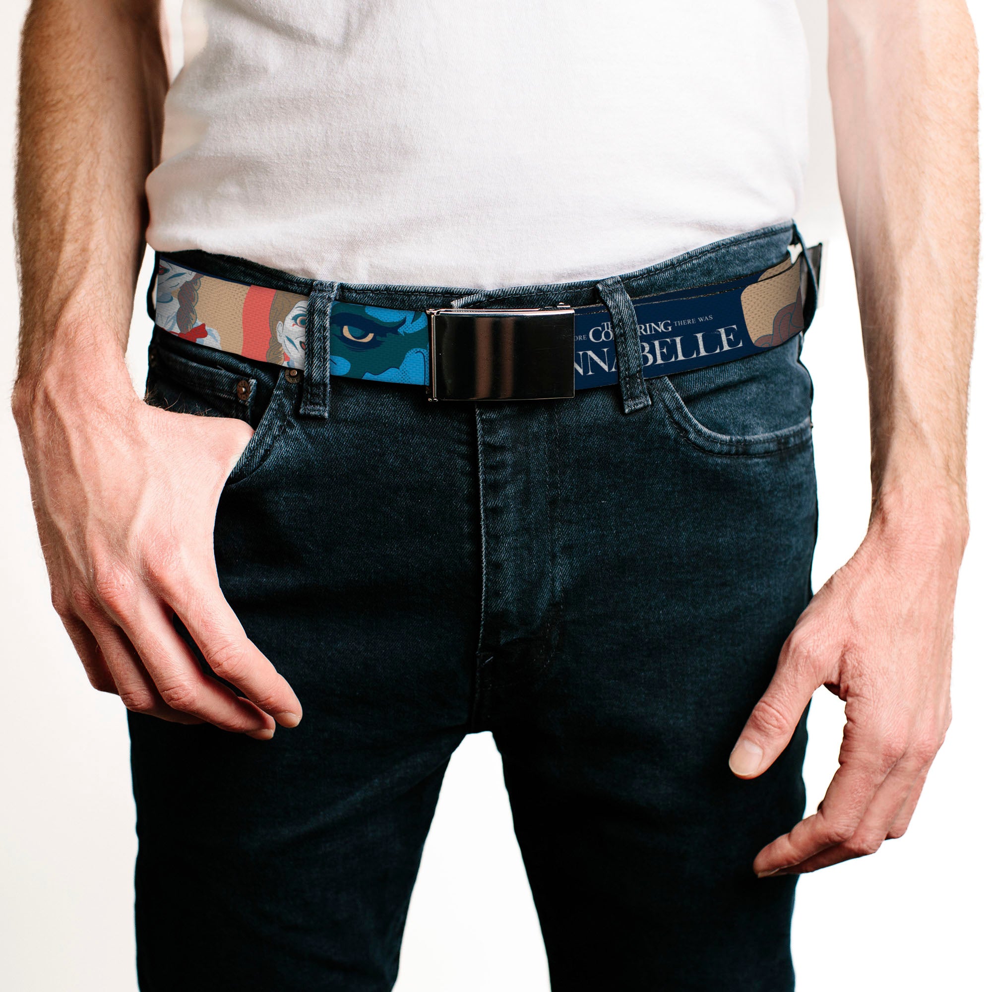 Web Belt Blank Black Buckle - ANNABELLE Pop Art Scenes and Title Logo Multi Color Webbing Web Belts Annabelle