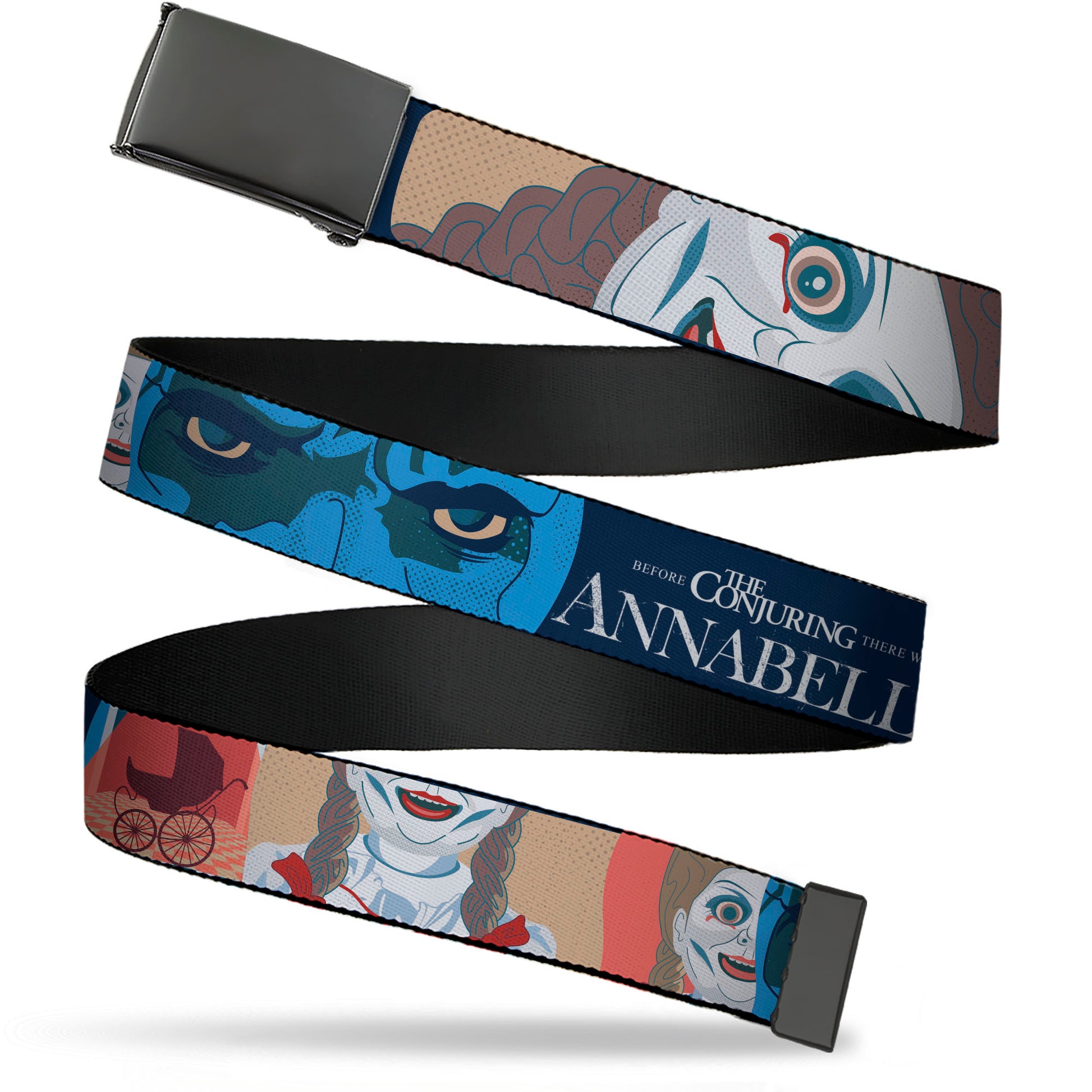 Web Belt Blank Black Buckle - ANNABELLE Pop Art Scenes and Title Logo Multi Color Webbing Web Belts Annabelle