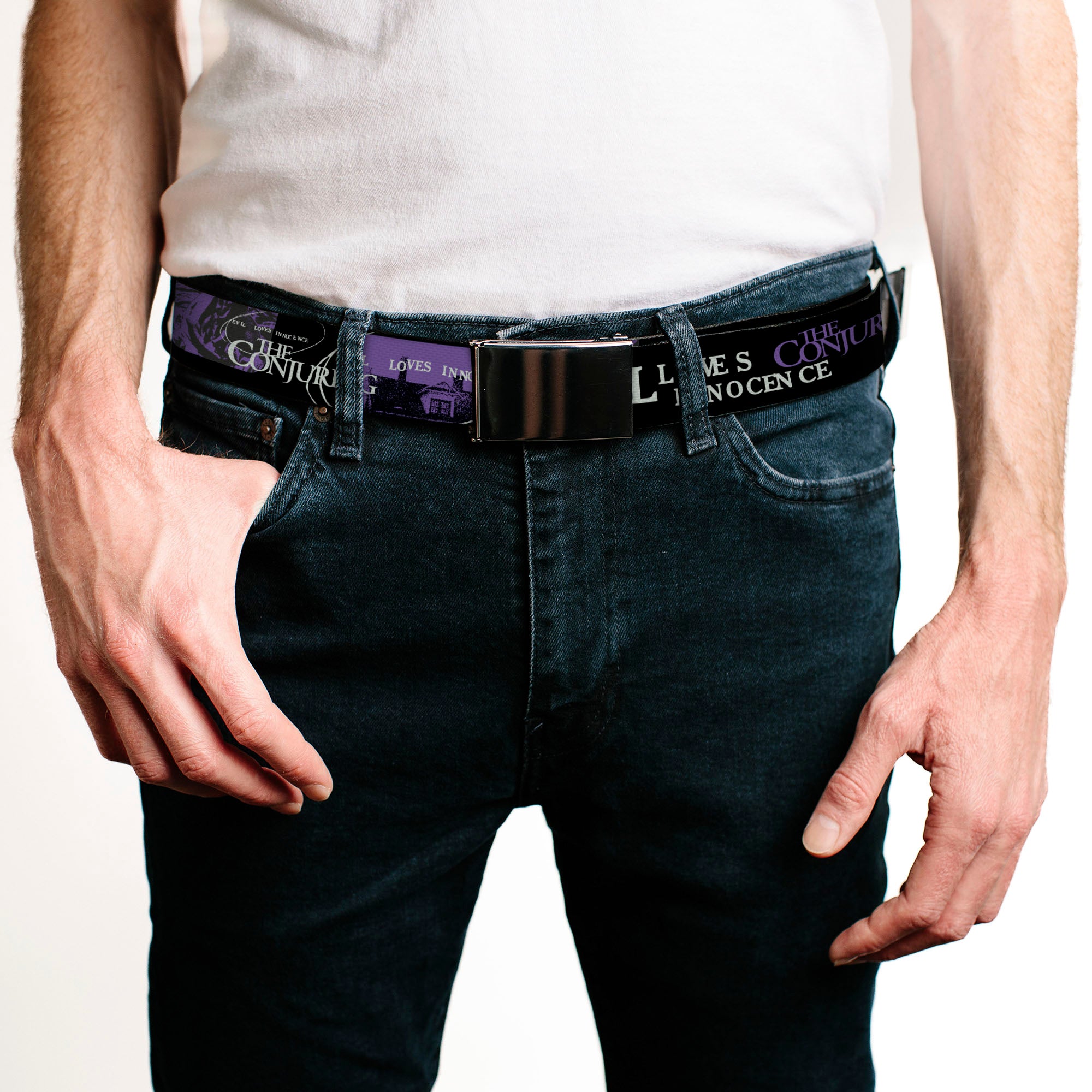 Web Belt Blank Black Buckle - THE CONJURING EVIL LOVES INNOCENCE Purple/Black Webbing Web Belts The Conjuring