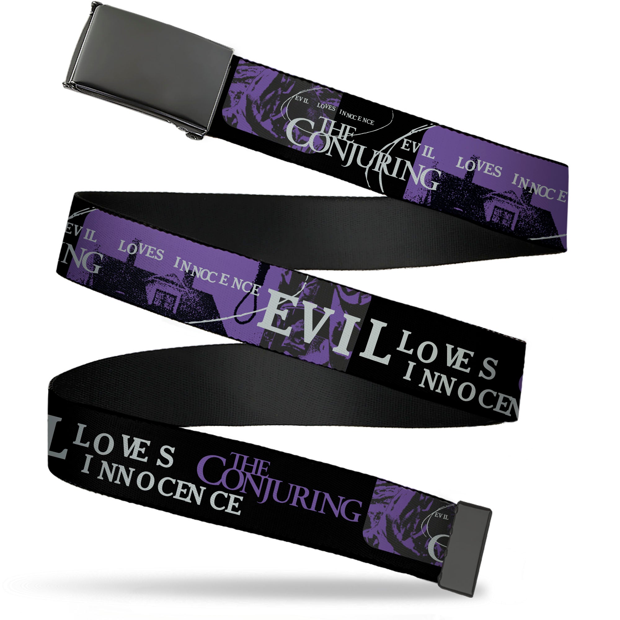 Web Belt Blank Black Buckle - THE CONJURING EVIL LOVES INNOCENCE Purple/Black Webbing Web Belts The Conjuring