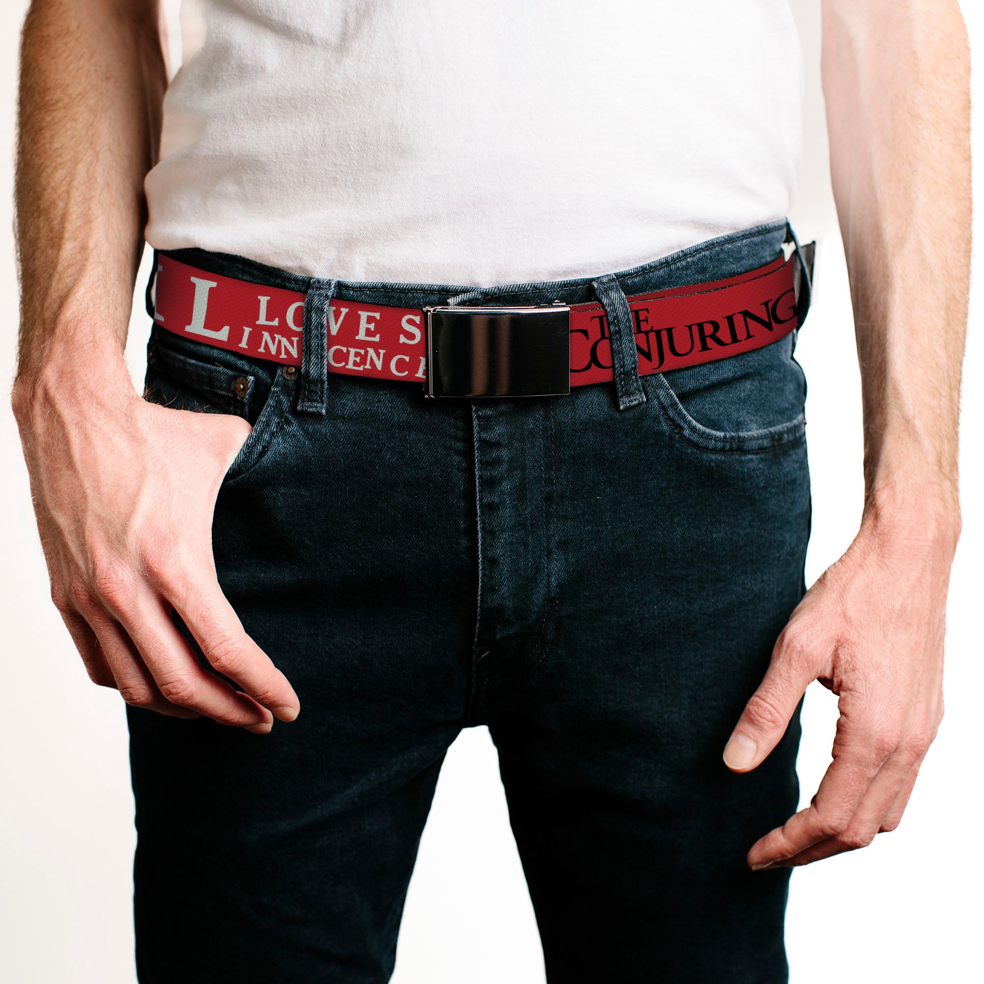 Web Belt Blank Black Buckle - THE CONJURING EVIL LOVES INNOCENCE Annabelle Red/Black/White Webbing Web Belts The Conjuring