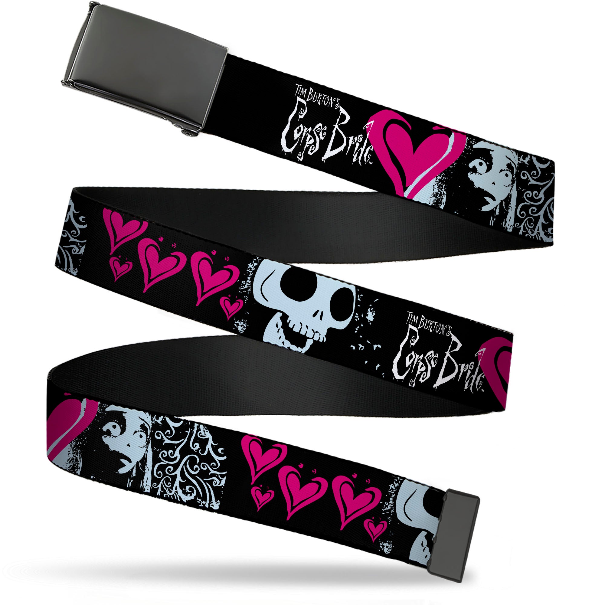 Web Belt Blank Black Buckle - CORPSE BRIDE Emily Hearts and Skull Black/Gray/Pink Webbing