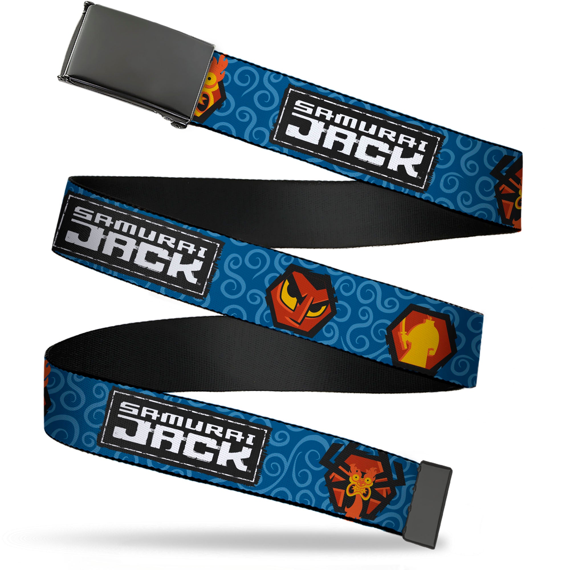 Web Belt Blank Black Buckle - SAMURAI JACK Title Logo and Icons with Swirl Blues Webbing Web Belts Samurai Jack