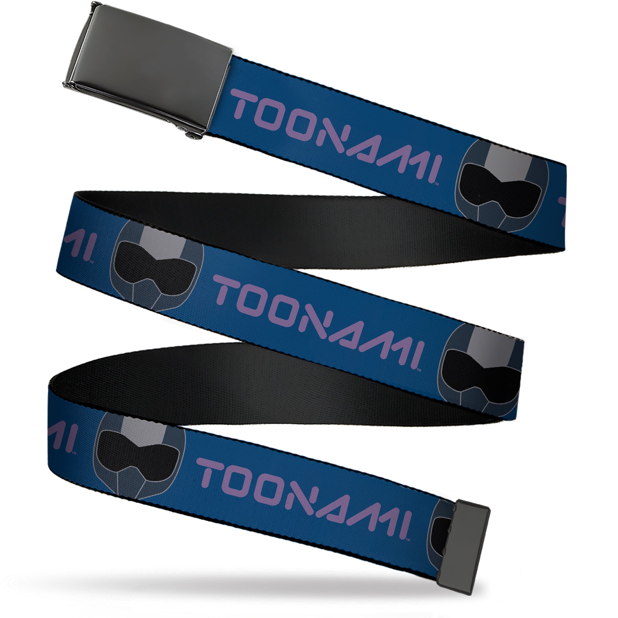 Web Belt Blank Black Buckle - TOONAMI Title Logo and Robot TOM Head Blue/Purple/Grays Webbing Web Belts Toonami