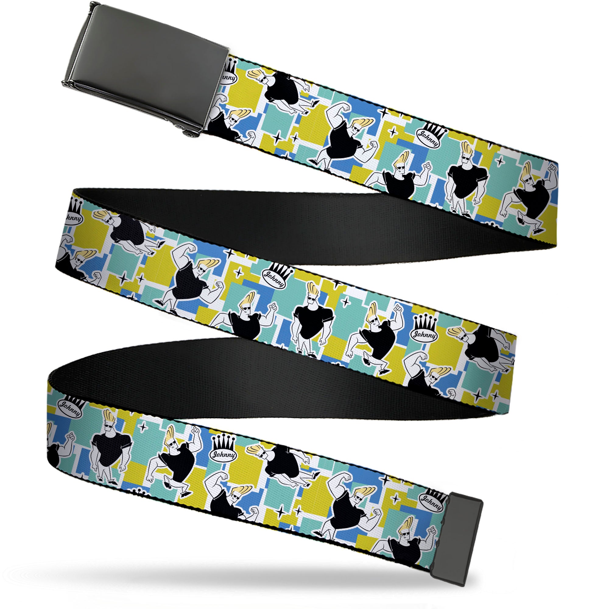 Web Belt Blank Black Buckle - Johnny Bravo Flexing Pose and JOHNNY Icon Collage Blues/Yellows Webbing Web Belts Johnny Bravo