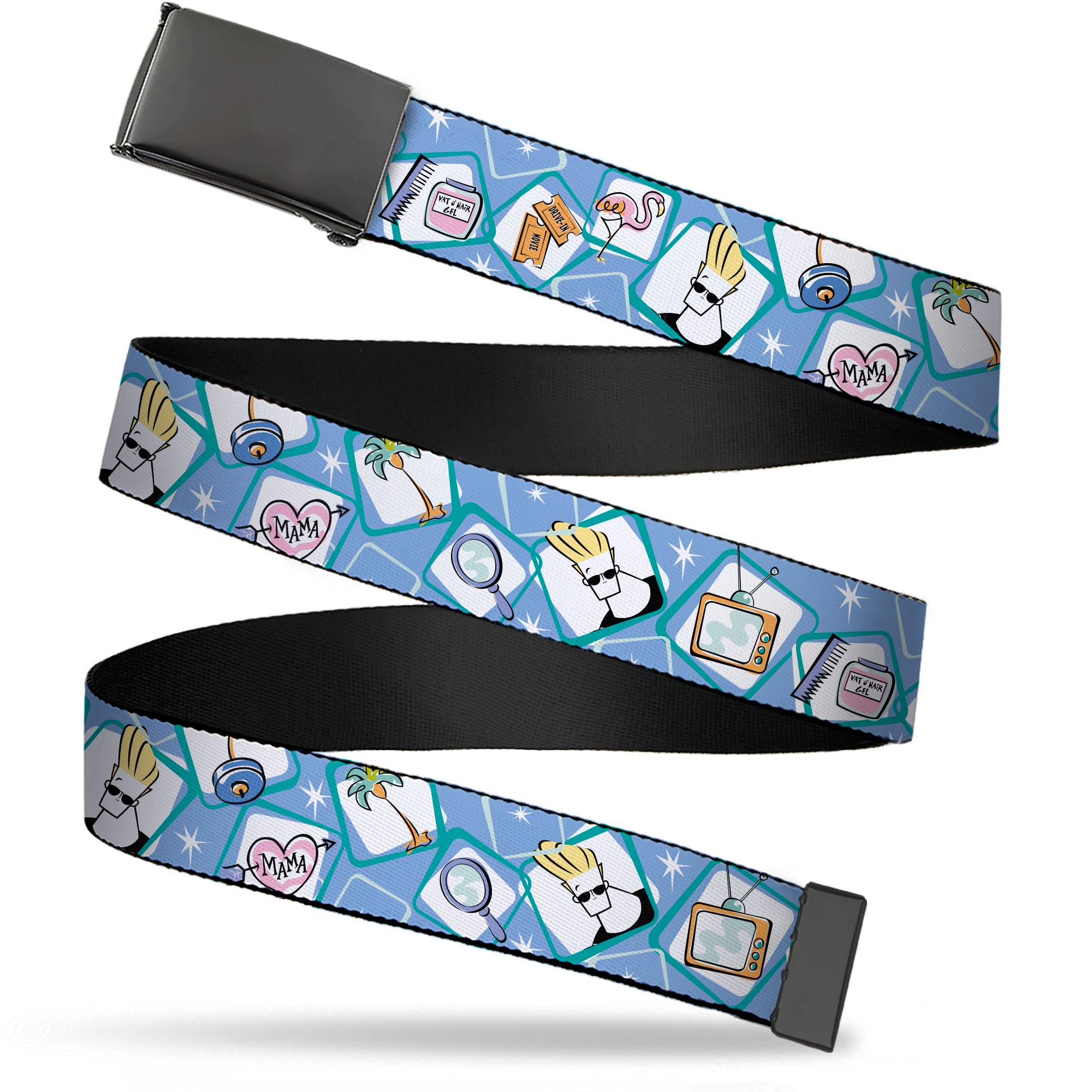 Web Belt Blank Black Buckle - Johnny Bravo Icon Blocks Collage Blues/White Webbing Web Belts Johnny Bravo