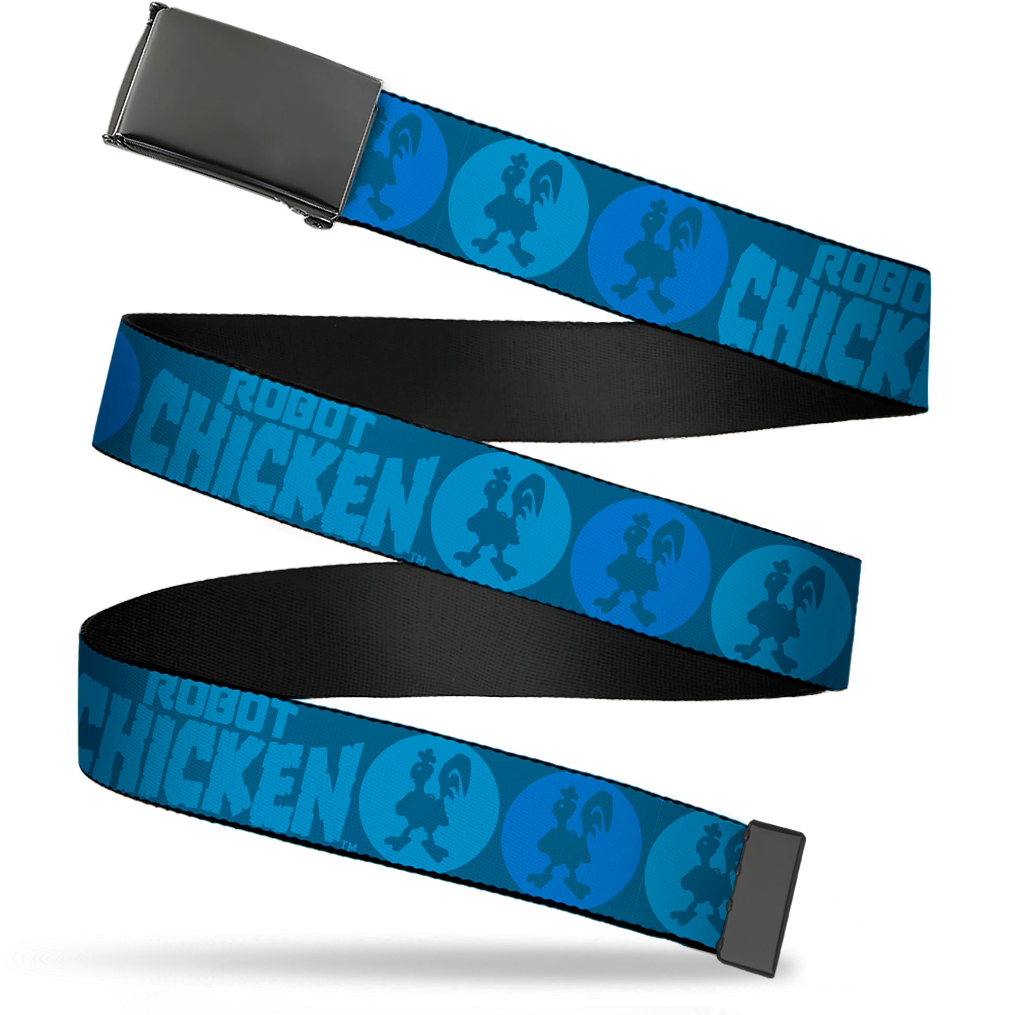Web Belt Blank Black Buckle - ROBOT CHICKEN Title Logo and Chicken Silhouette Bullseye Blues Webbing Web Belts Robot Chicken