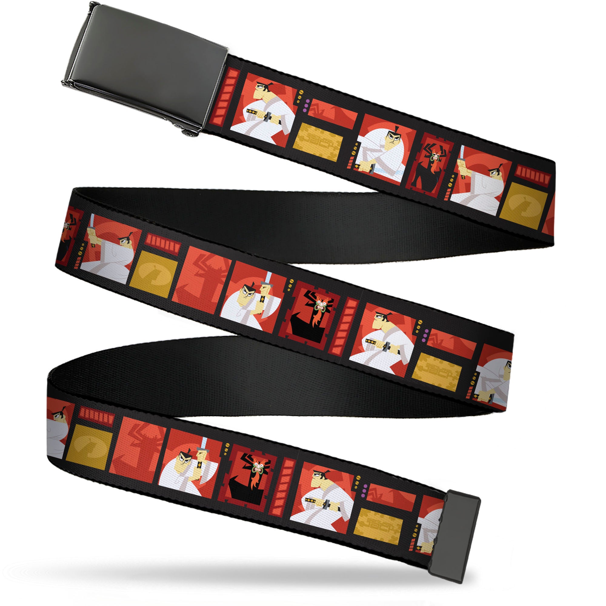 Web Belt Blank Black Buckle - Samurai Jack Action Pose and Icons Blocks Reds/Black Webbing Web Belts Samurai Jack