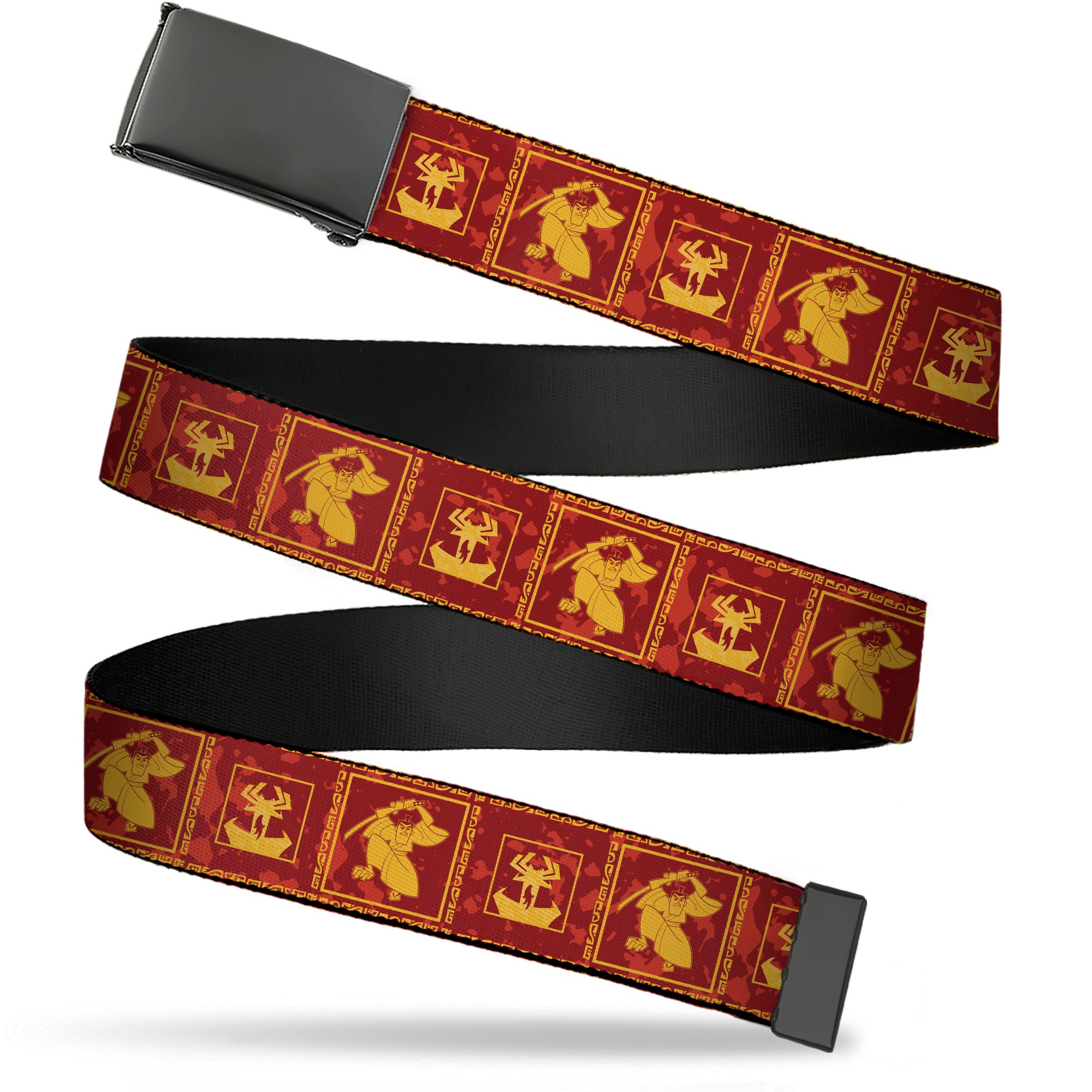 Web Belt Blank Black Buckle - Samurai Jack Action Pose and Dragon Icon Blocks Reds/Orange Webbing Web Belts Samurai Jack