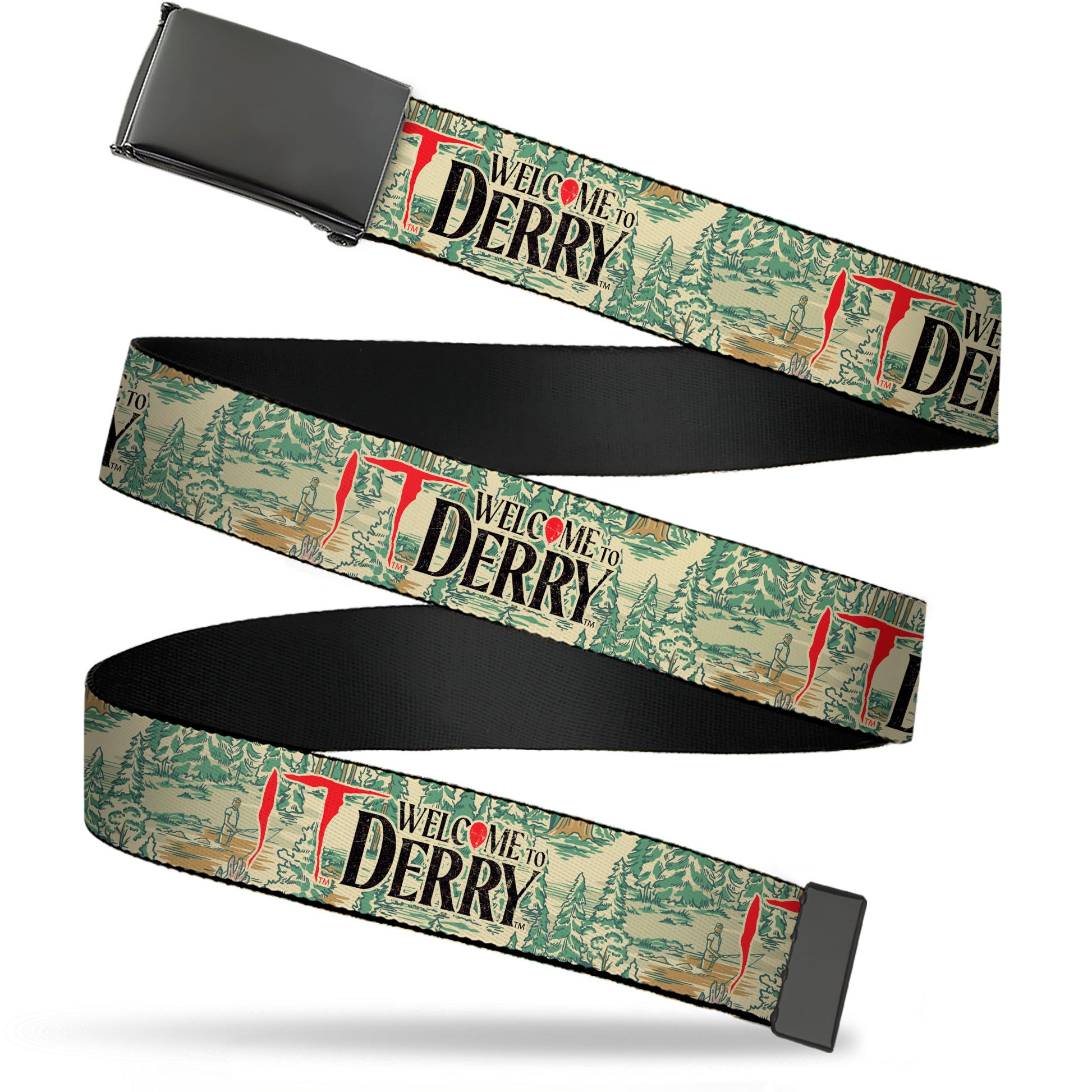 Web Belt Blank Black Buckle - IT WELCOME TO DERRY Forest Scenery and Title Logo Beige/Greens Webbing Web Belts IT