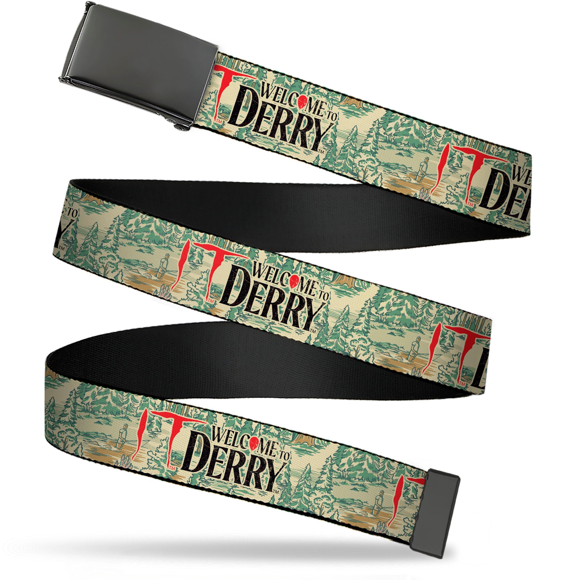 Web Belt Blank Black Buckle - IT WELCOME TO DERRY Forest Scenery and Title Logo Beige/Greens Webbing Web Belts IT