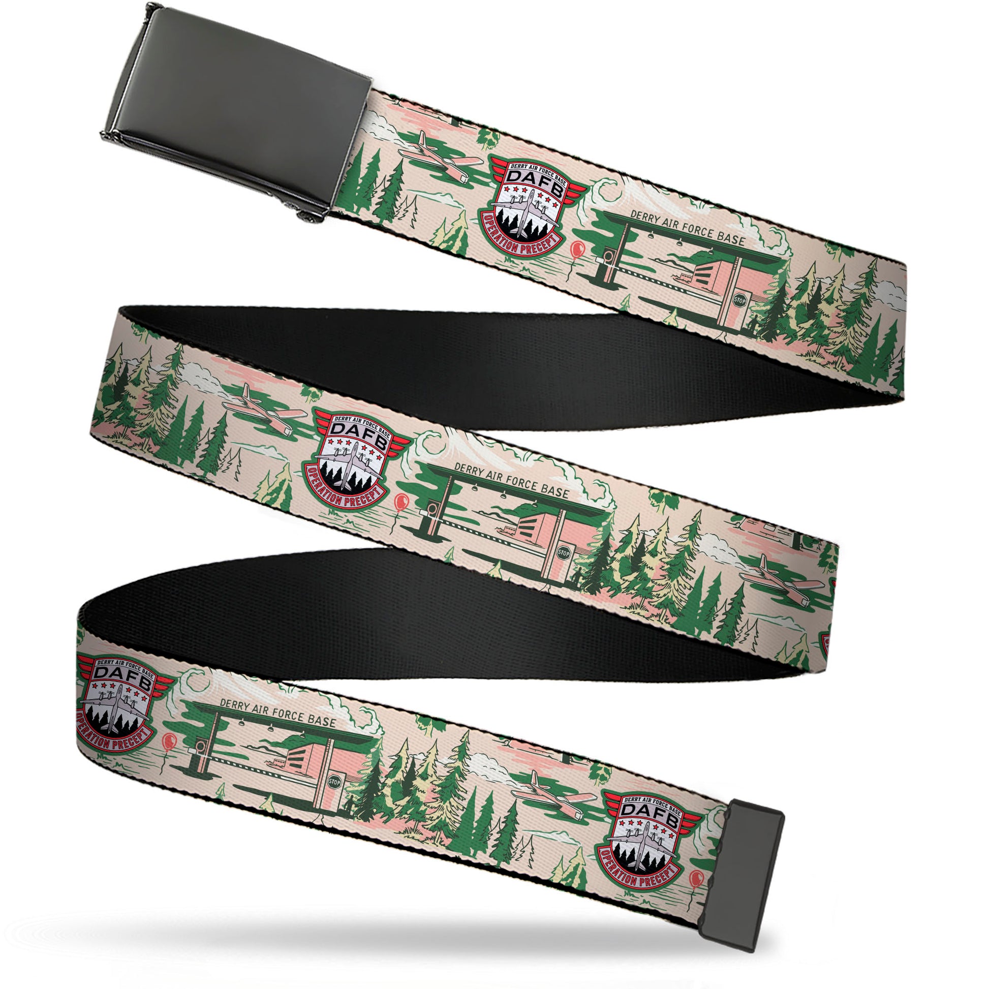 Web Belt Blank Black Buckle - IT Welcome to Derry Air Force Base and Forest Scenery Beige/Greens Webbing Web Belts IT