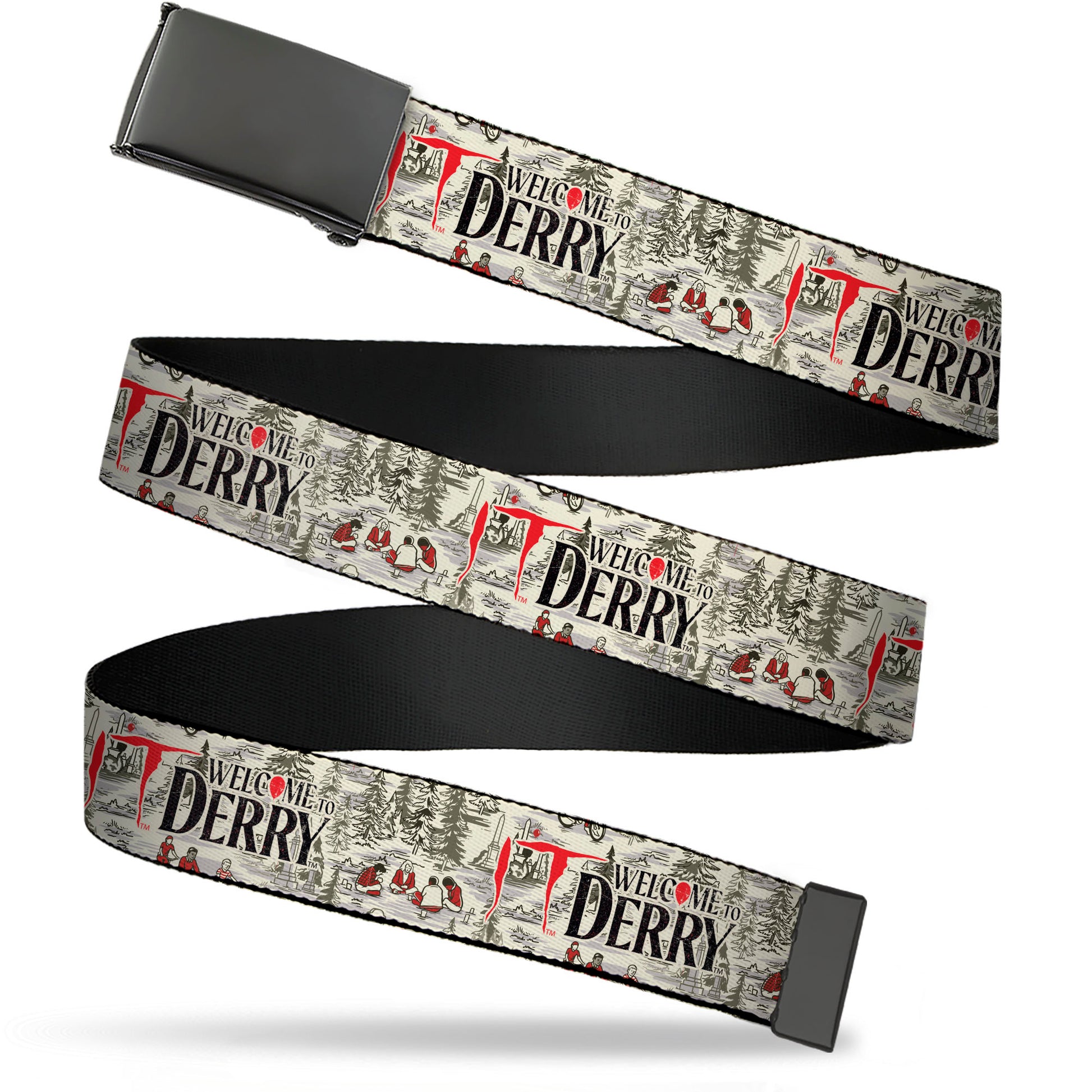Web Belt Blank Black Buckle - IT WELCOME TO DERRY Camping Forest Scenery and Title Logo Beige/Grays Webbing Web Belts IT
