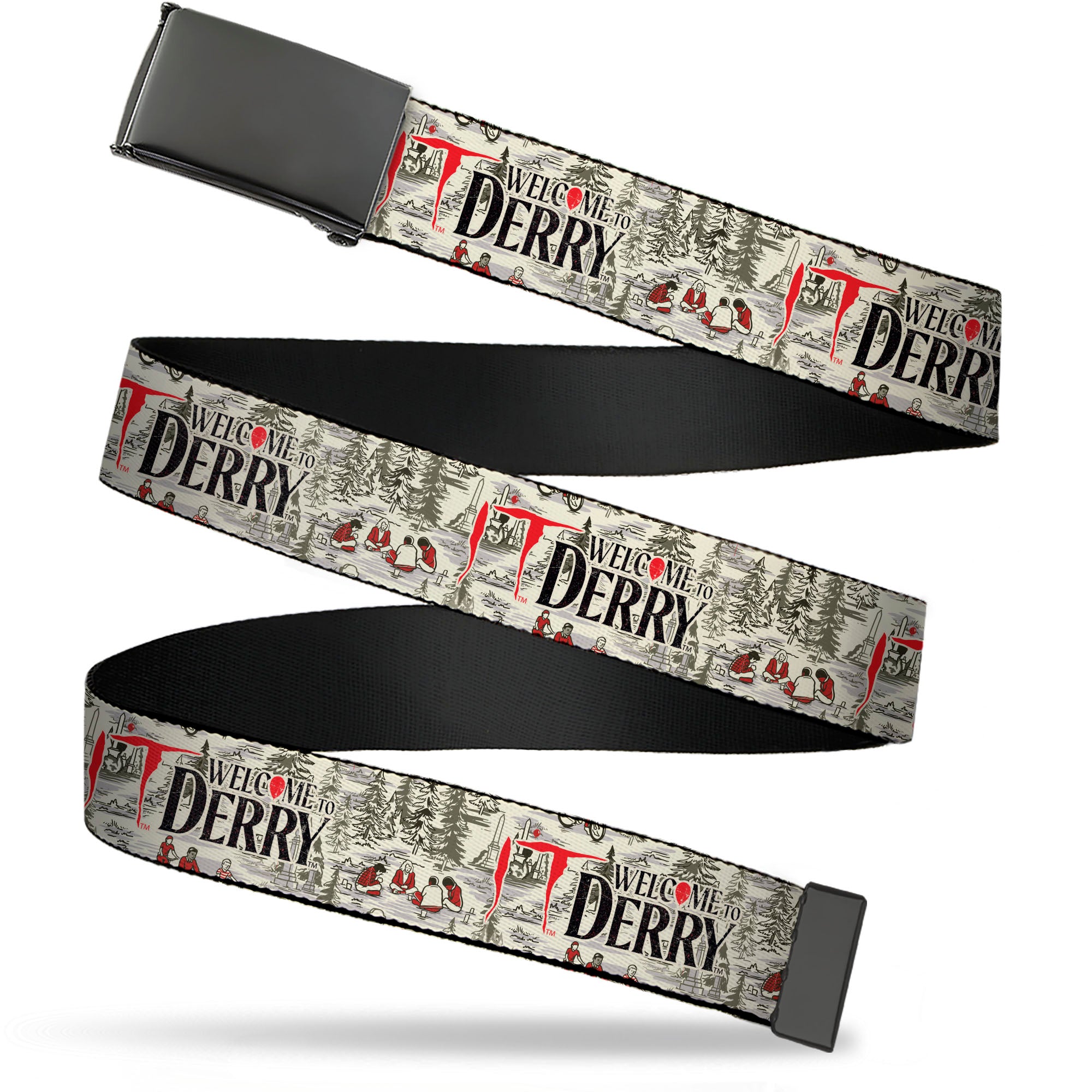 Web Belt Blank Black Buckle - IT WELCOME TO DERRY Camping Forest Scenery and Title Logo Beige/Grays Webbing Web Belts IT