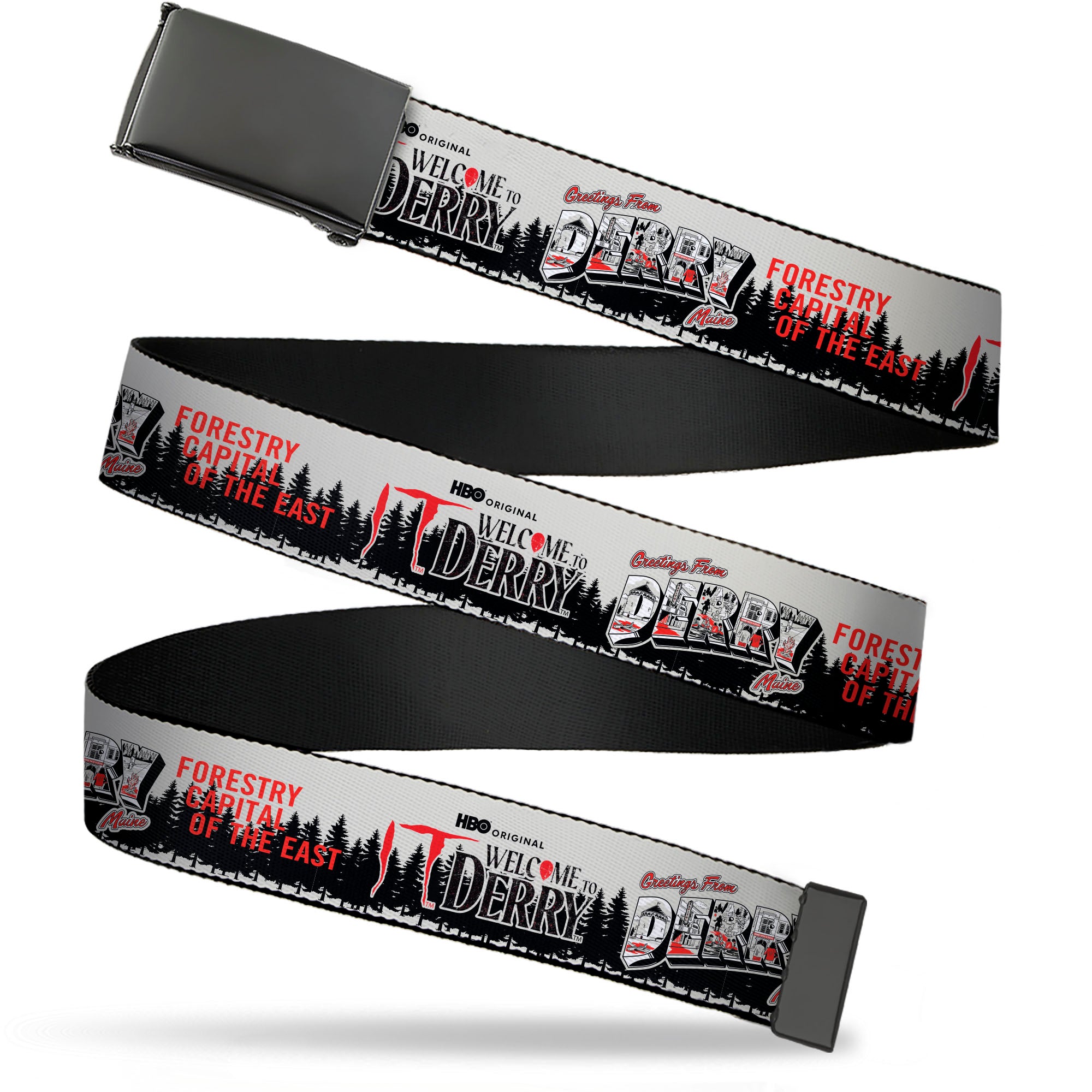 Web Belt Blank Black Buckle - IT WELCOME TO DERRY Icons and Forest Scenery White/Black/Red Webbing Web Belts IT