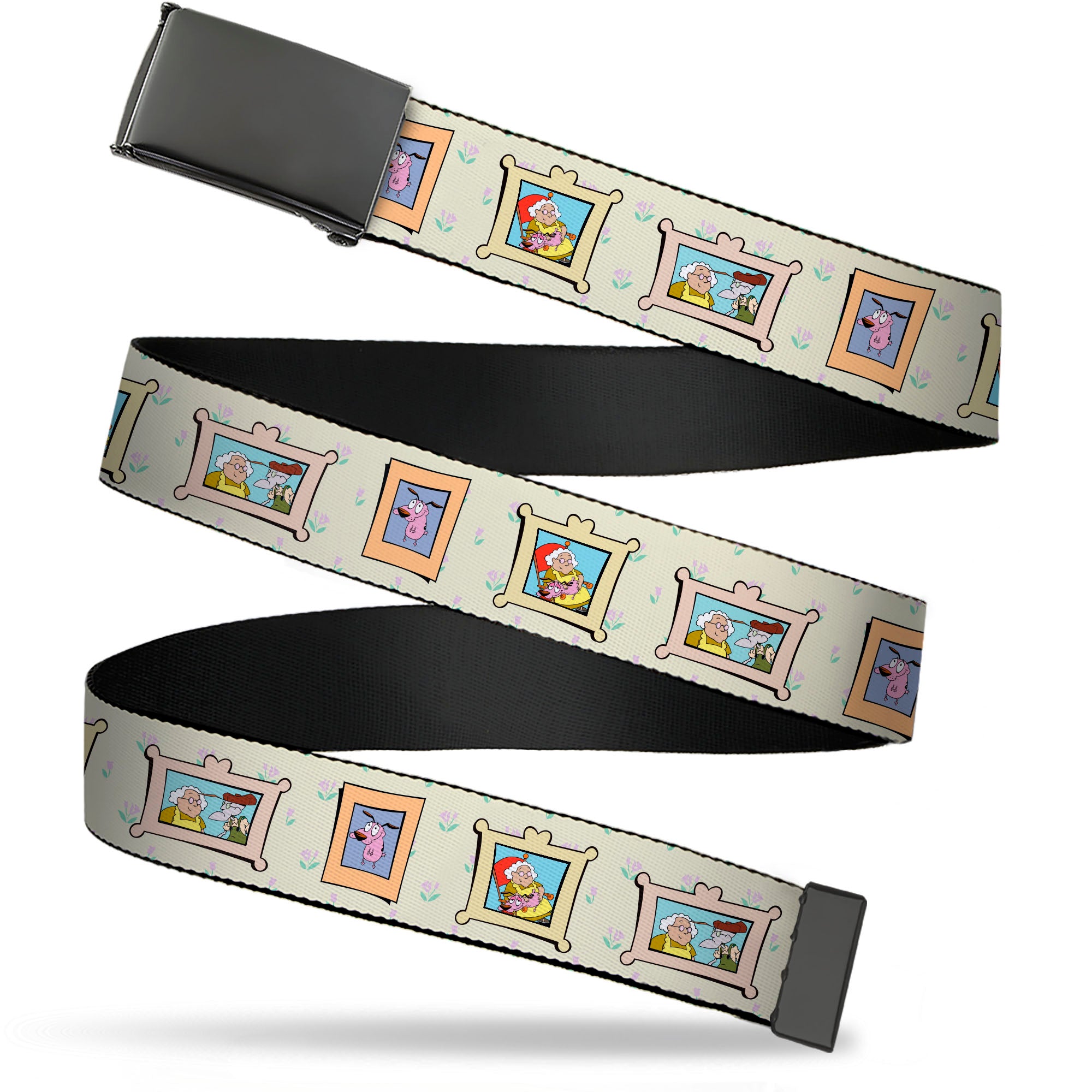 Web Belt Blank Black Buckle - Courage the Cowardly Dog Three Character Portrait Blocks Tan Webbing Web Belts Courage the Cowardly Dog