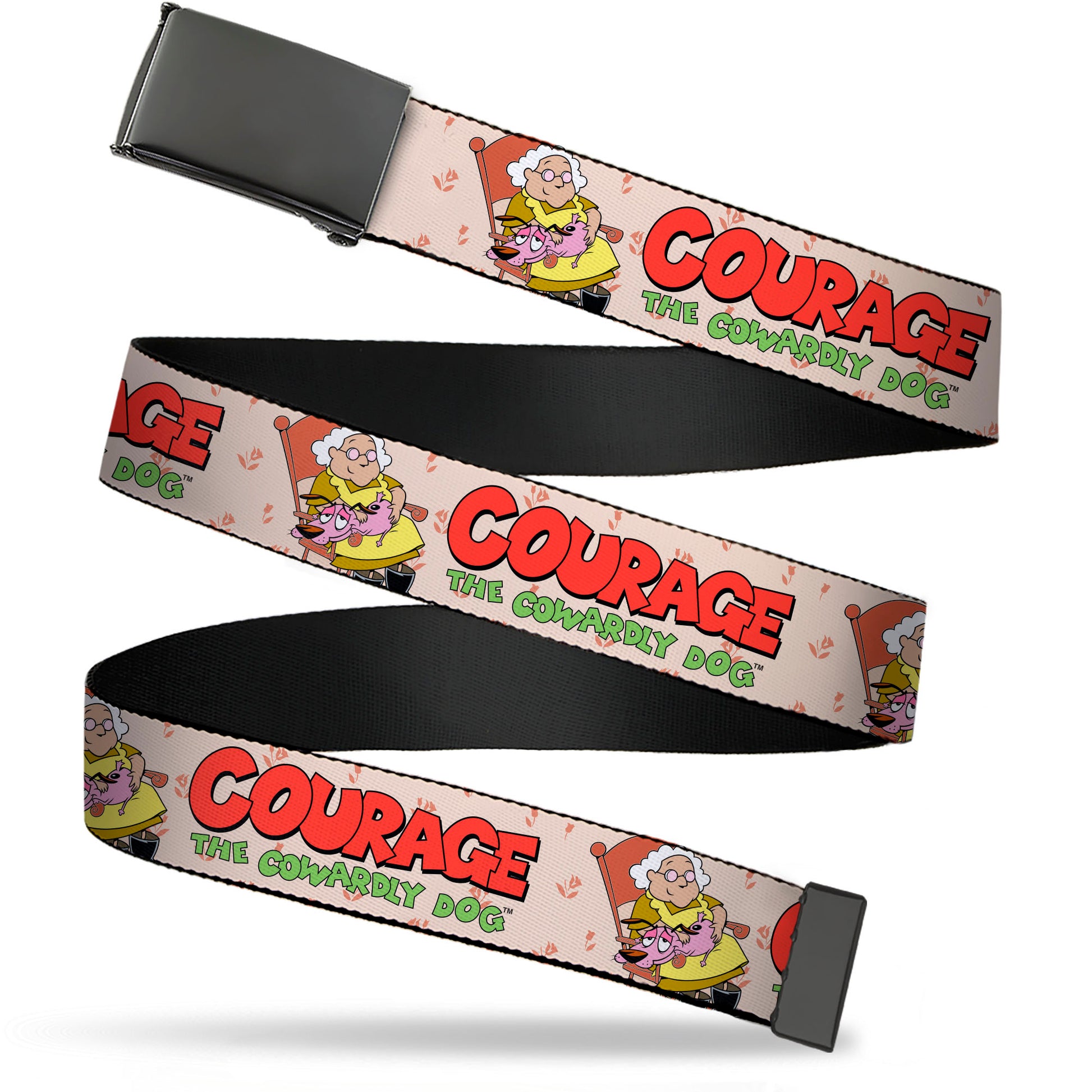 Web Belt Blank Black Buckle - COURAGE THE COWARDLY DOG with Muriel Pose and Title Logo Webbing Web Belts Courage the Cowardly Dog