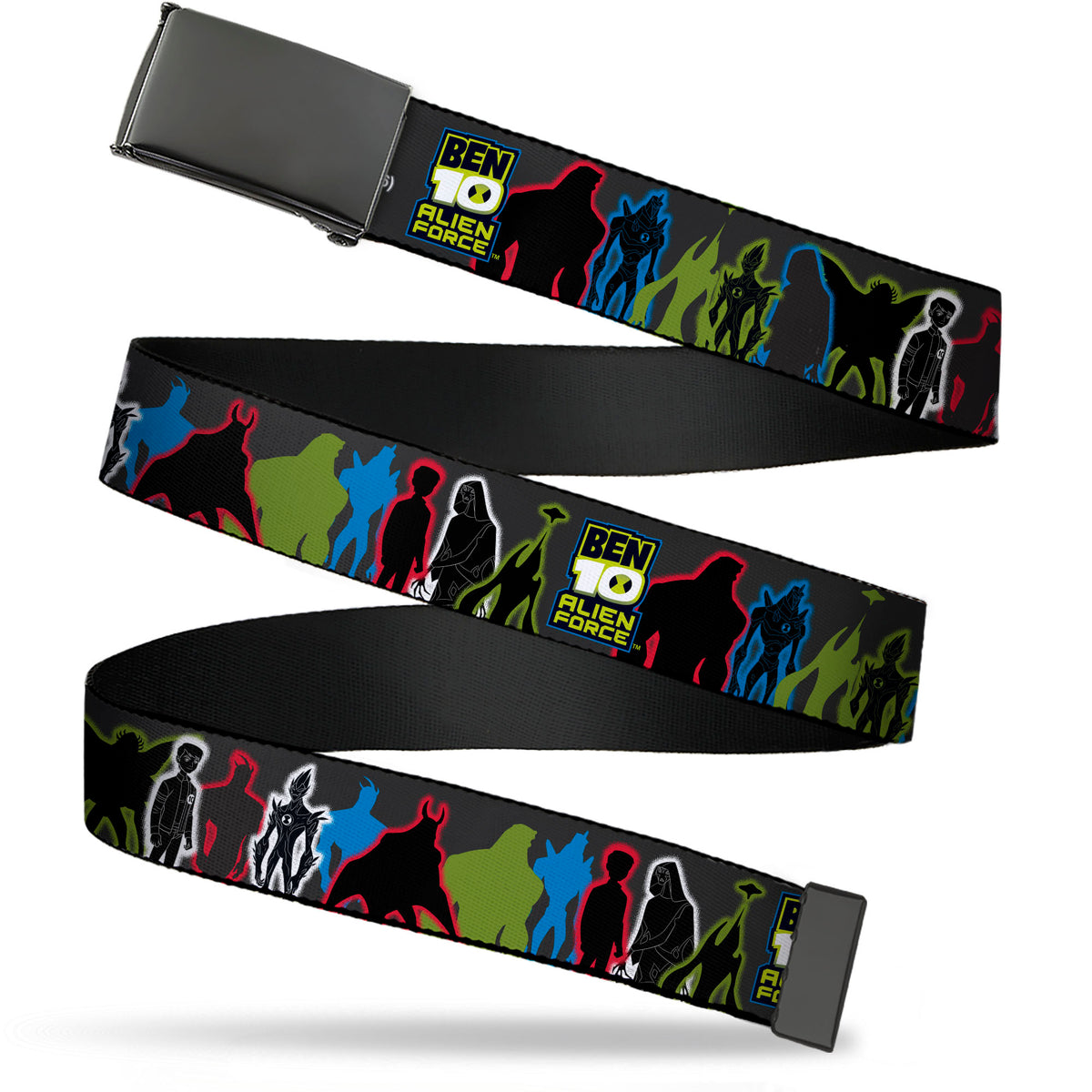 Web Belt Blank Black Buckle - BEN 10 ALIEN FORCE Character Silhouette Group Pose Black/Multi Color Webbing