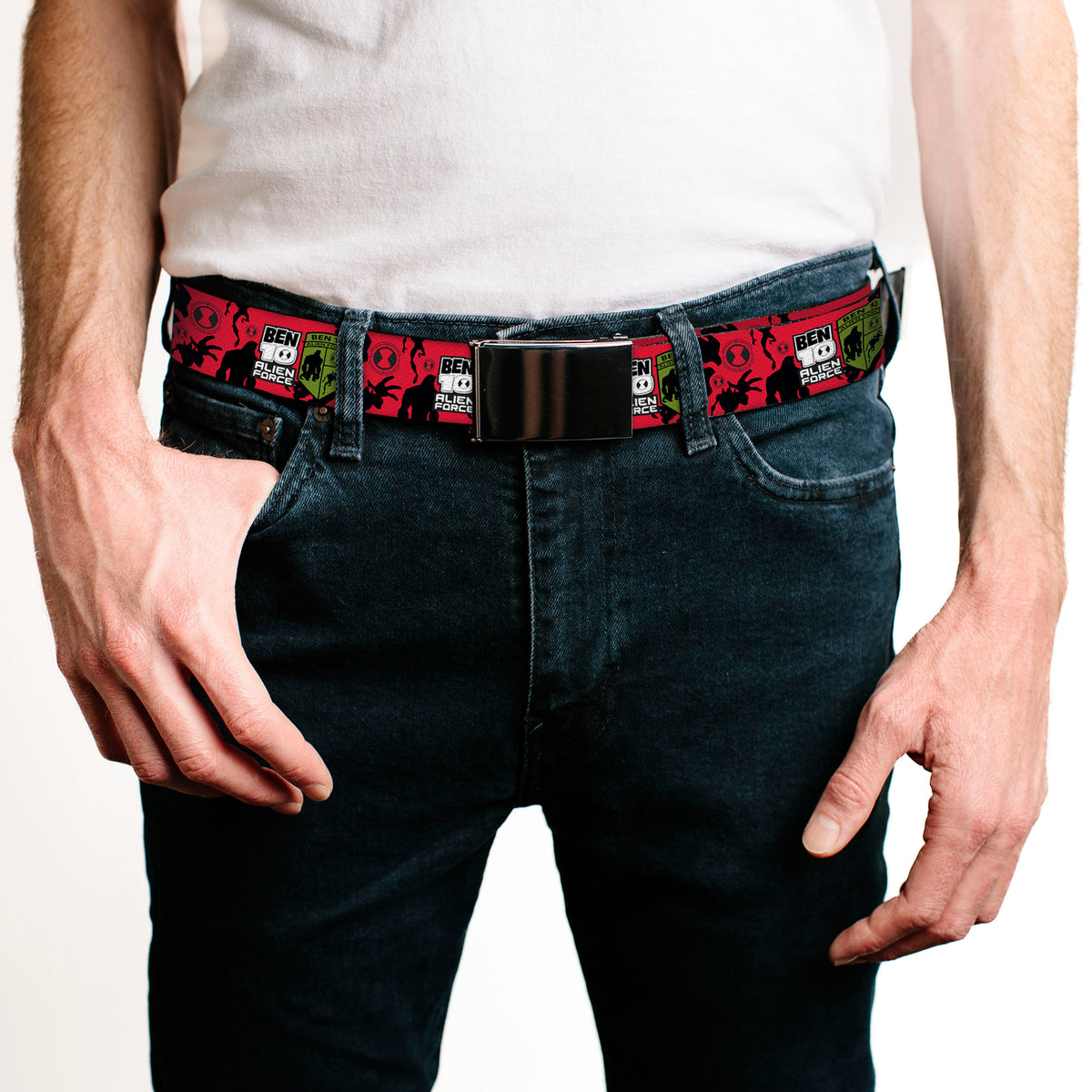 Web Belt Blank Black Buckle - BEN 10 ALIEN FORCE Badge and Character Collage Red/Black/White/Green Webbing