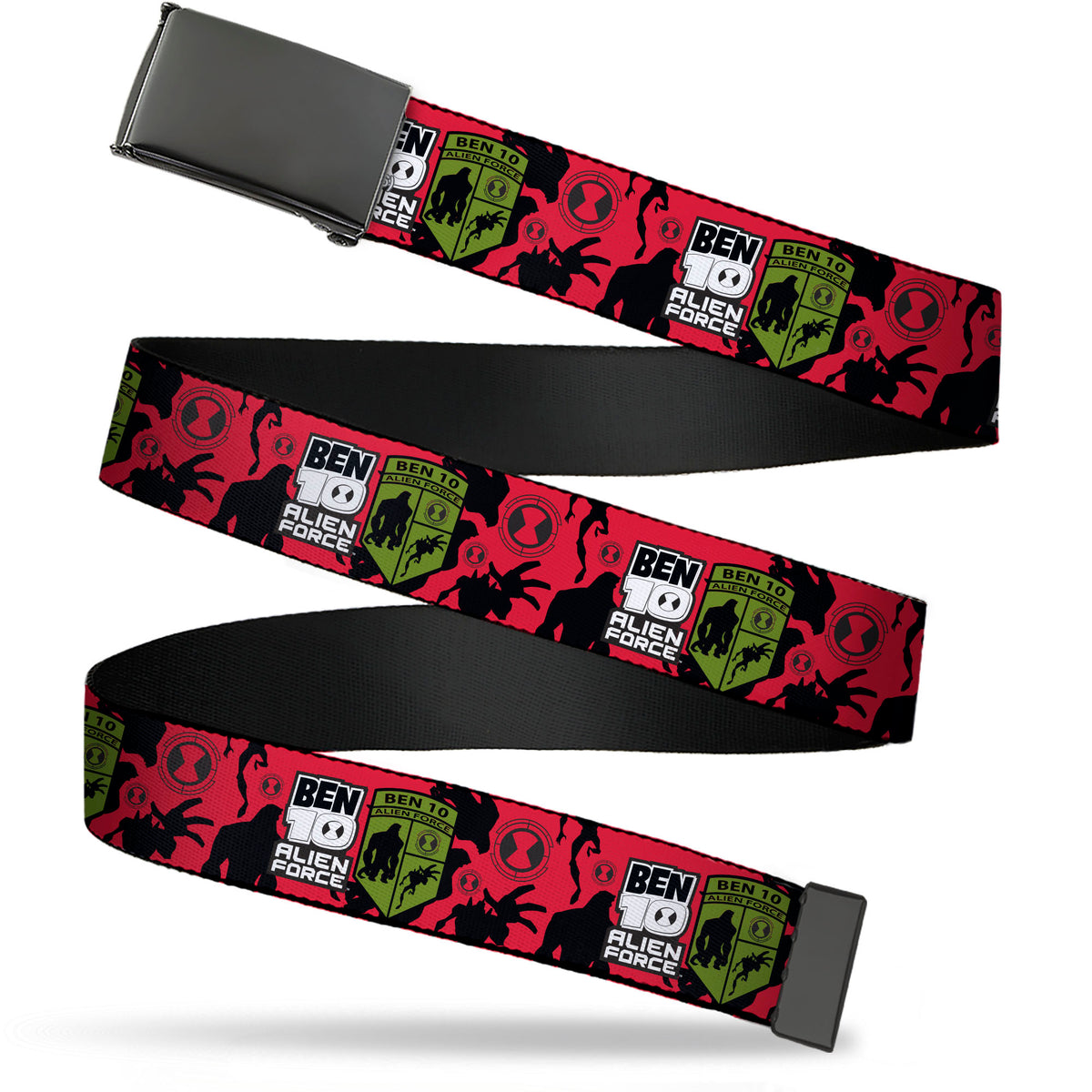 Web Belt Blank Black Buckle - BEN 10 ALIEN FORCE Badge and Character Collage Red/Black/White/Green Webbing