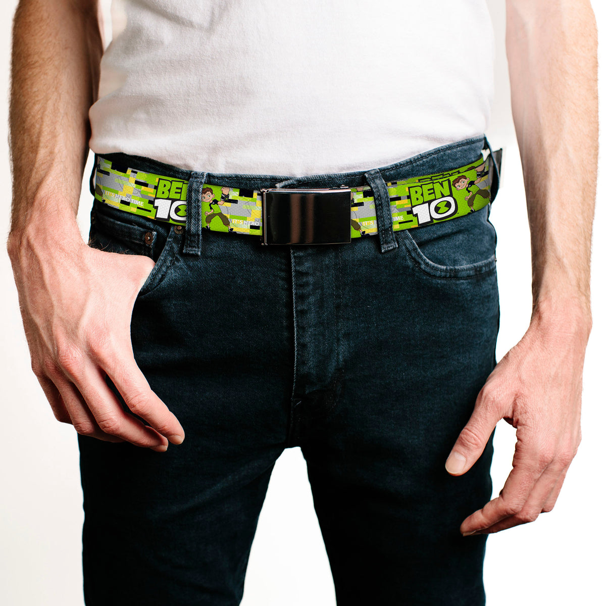 Web Belt Blank Black Buckle - BEN 10 Pose and Title Logo Green/Yellow/Black/White Webbing