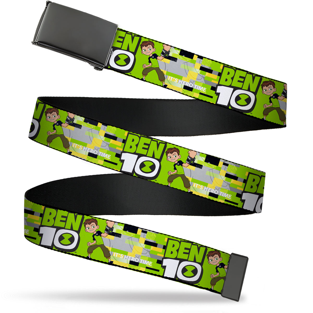 Web Belt Blank Black Buckle - BEN 10 Pose and Title Logo Green/Yellow/Black/White Webbing