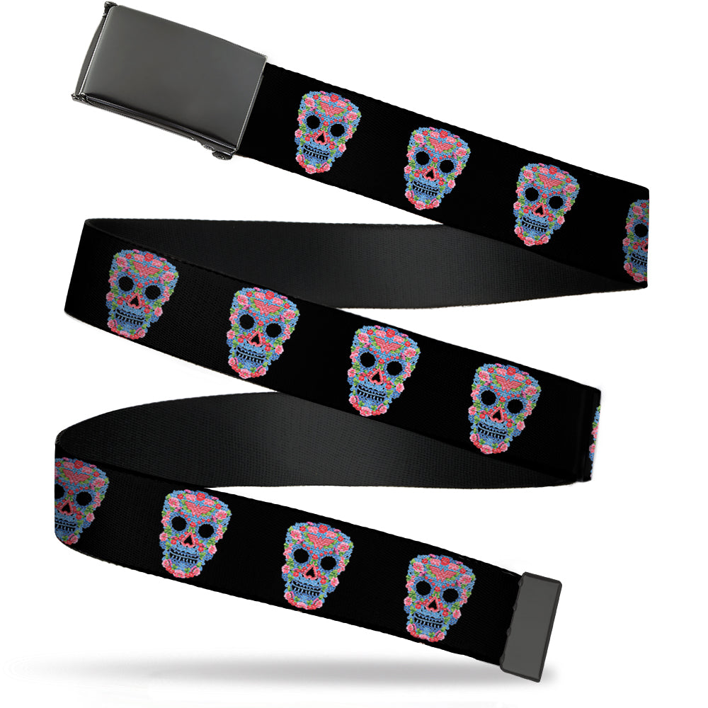 Black Buckle Web Belt - Wonder Woman Floral Skull Black/Multi Pastel Webbing Web Belts DC Comics   