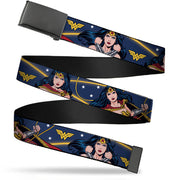 Black Buckle Web Belt - Wonder Woman 3-Poses/WW Logo/Stars Blue/Yellow/White Webbing Web Belts DC Comics   