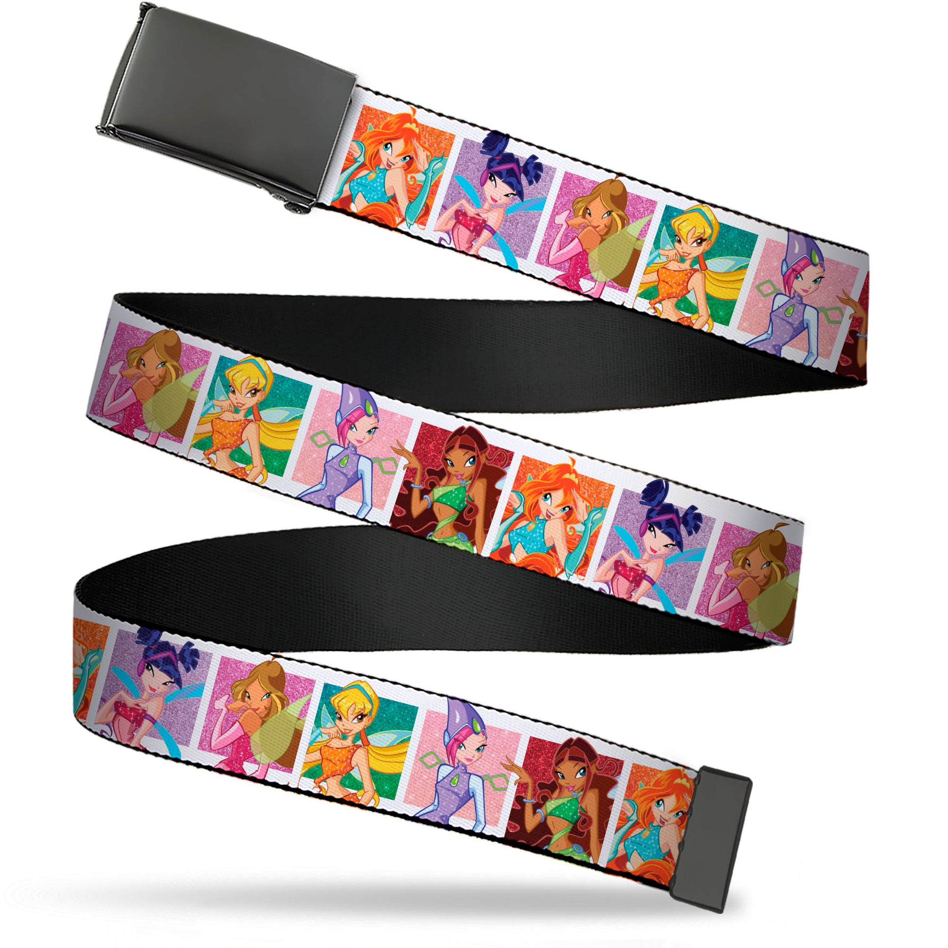 Web Belt Blank Black Buckle - Winx Club Fairies Pose Blocks White/Multi Color Webbing Web Belts Winx Club