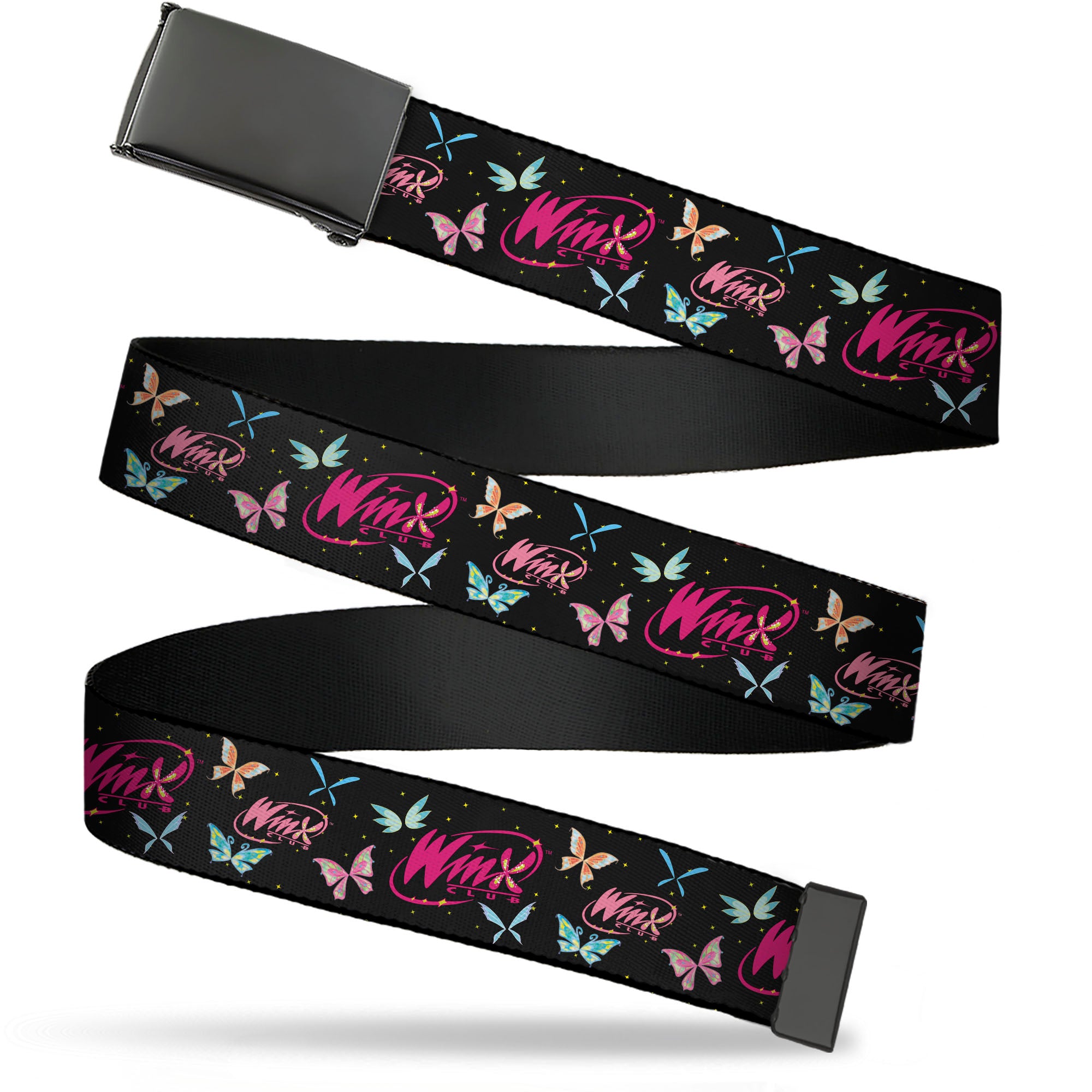 Web Belt Blank Black Buckle - WINX CLUB Title Logo Butterflies Black/Multi Color Webbing Web Belts Winx Club