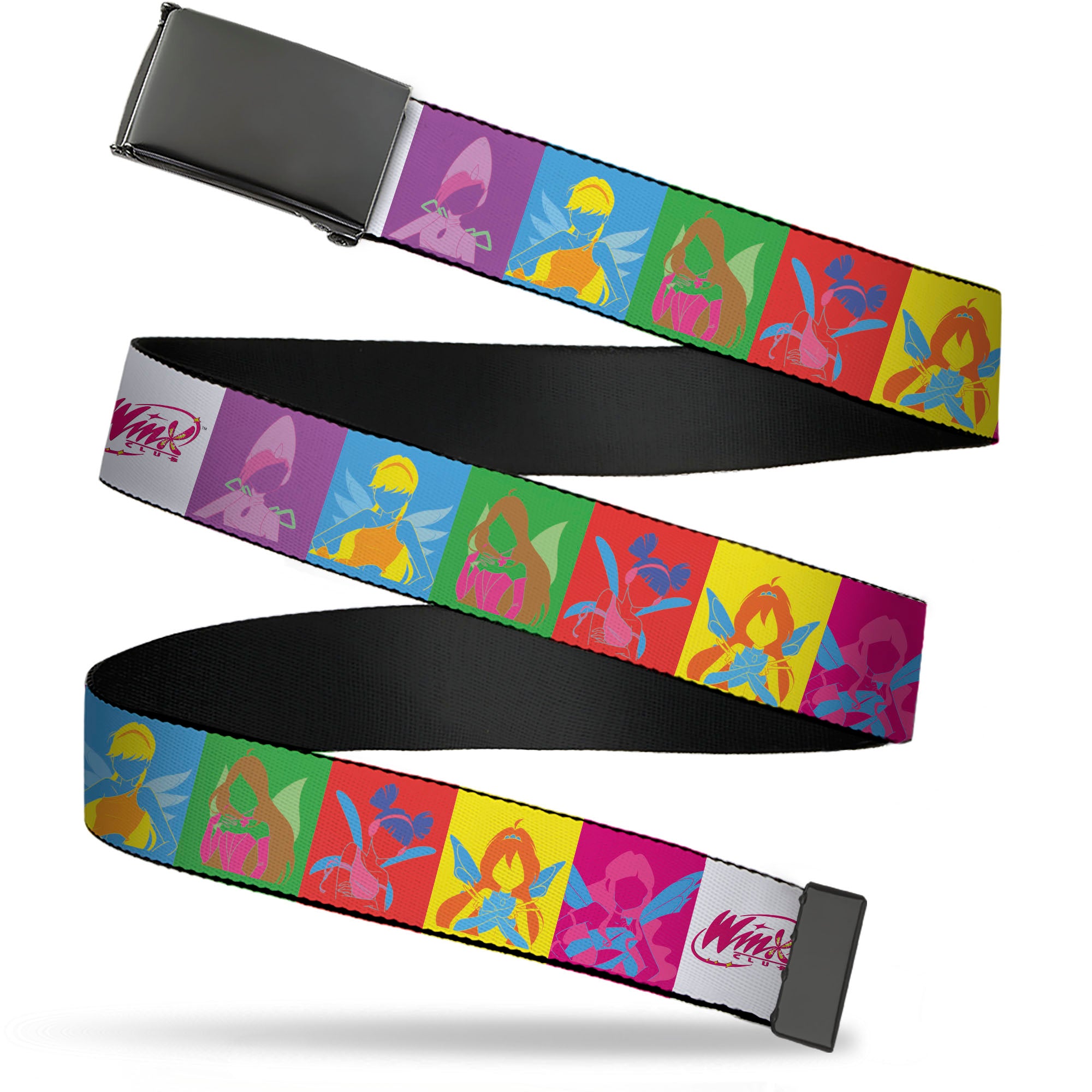 Web Belt Blank Black Buckle - WINX CLUB Fairy Silhouette Poses and Title Logo Blocks White/Multi Color Webbing Web Belts Winx Club