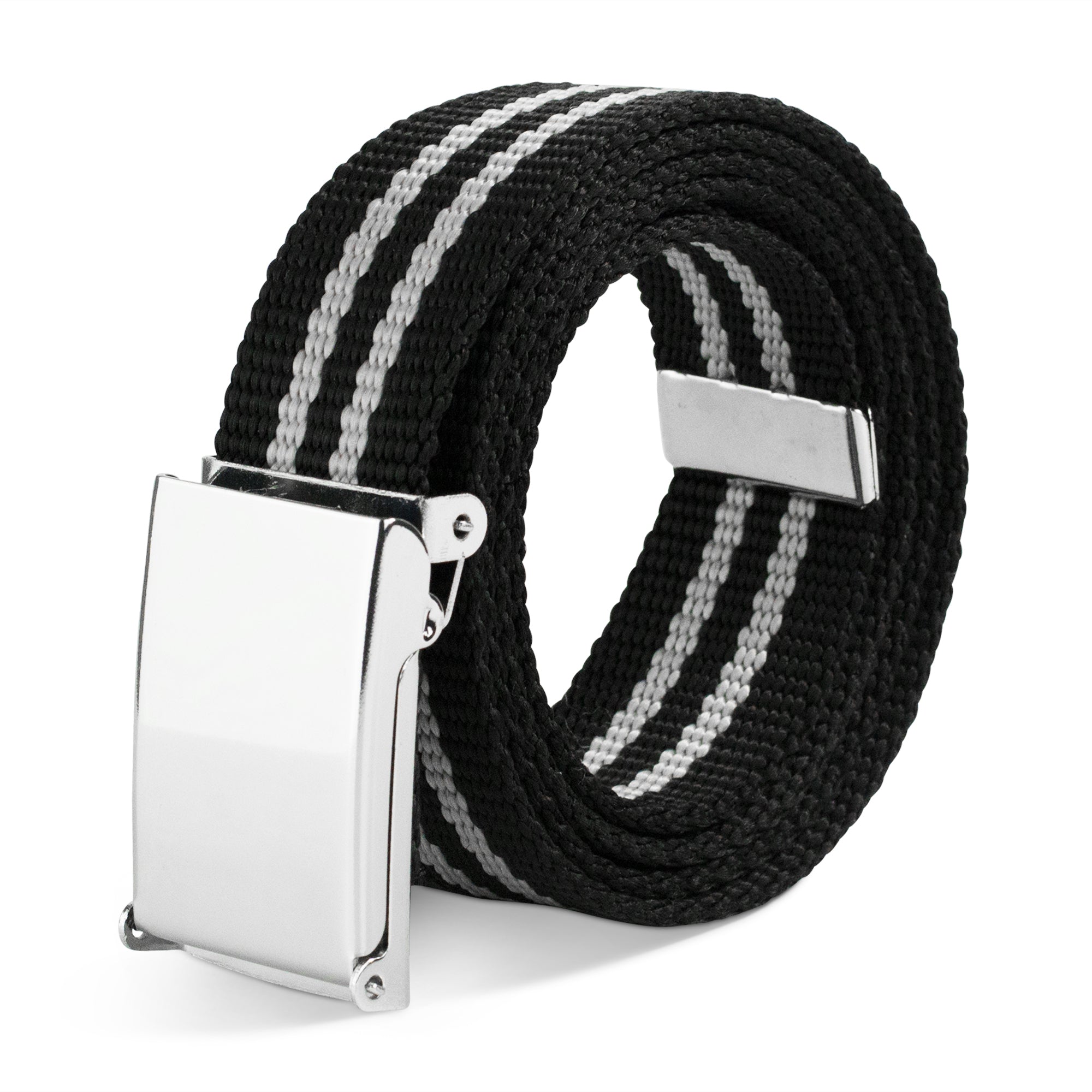 Web Belt Blank Chrome Buckle - Stripe Black/Silver Webbing