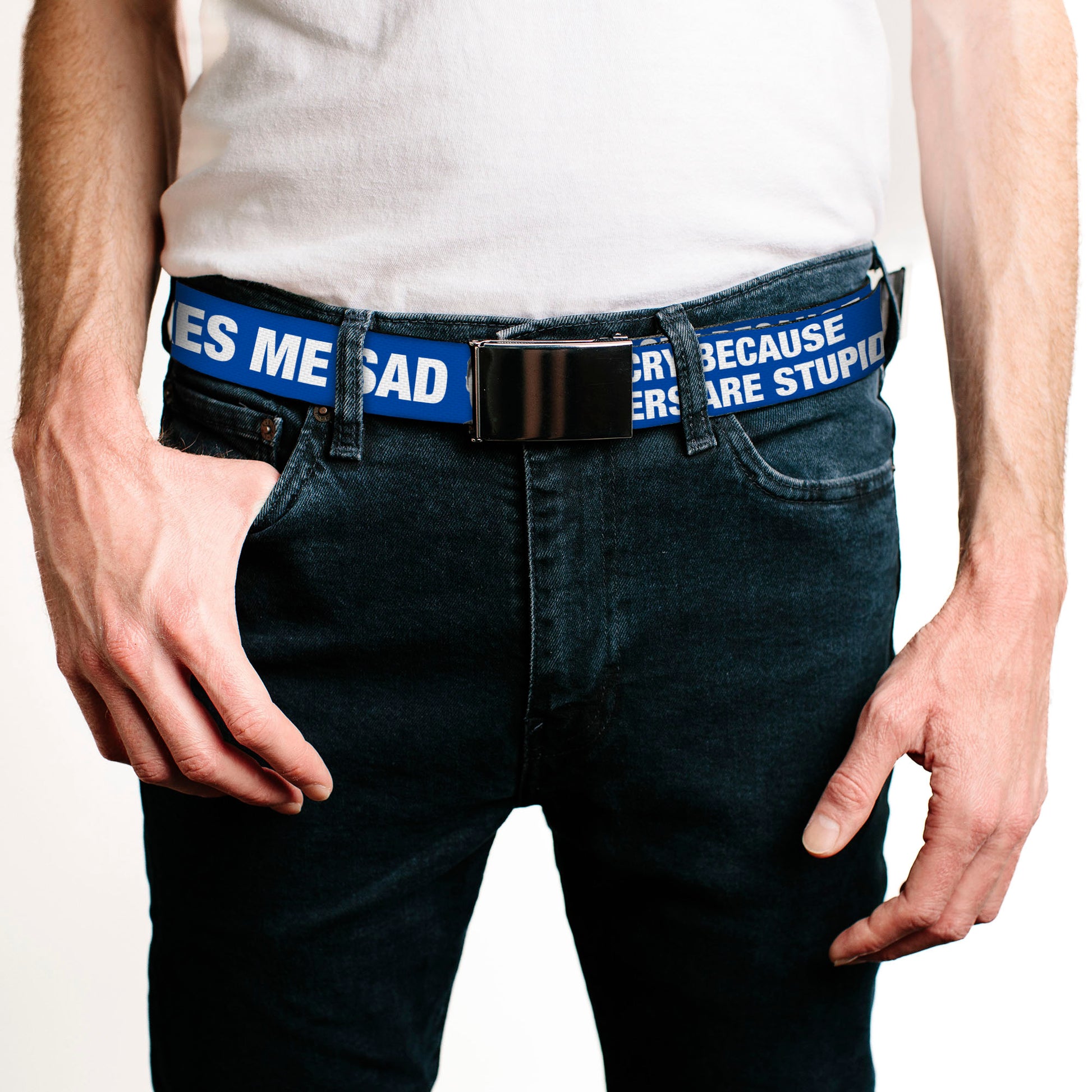 Chrome Buckle Web Belt - Sheldon I CRY BECAUSE OTHERS ARE STUPID/THAT MAKES ME SAD Blue/White Webbing Web Belts The Big Bang Theory   