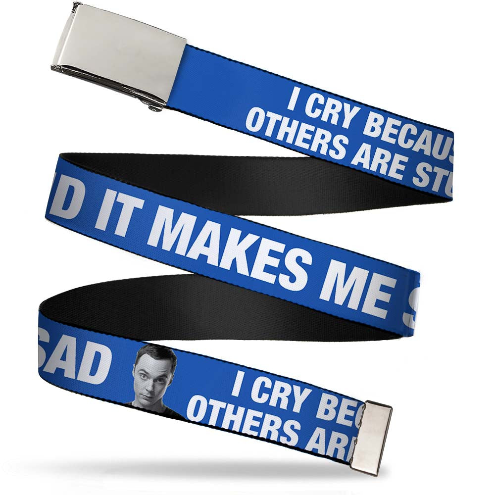 Chrome Buckle Web Belt - Sheldon I CRY BECAUSE OTHERS ARE STUPID/THAT MAKES ME SAD Blue/White Webbing Web Belts The Big Bang Theory   