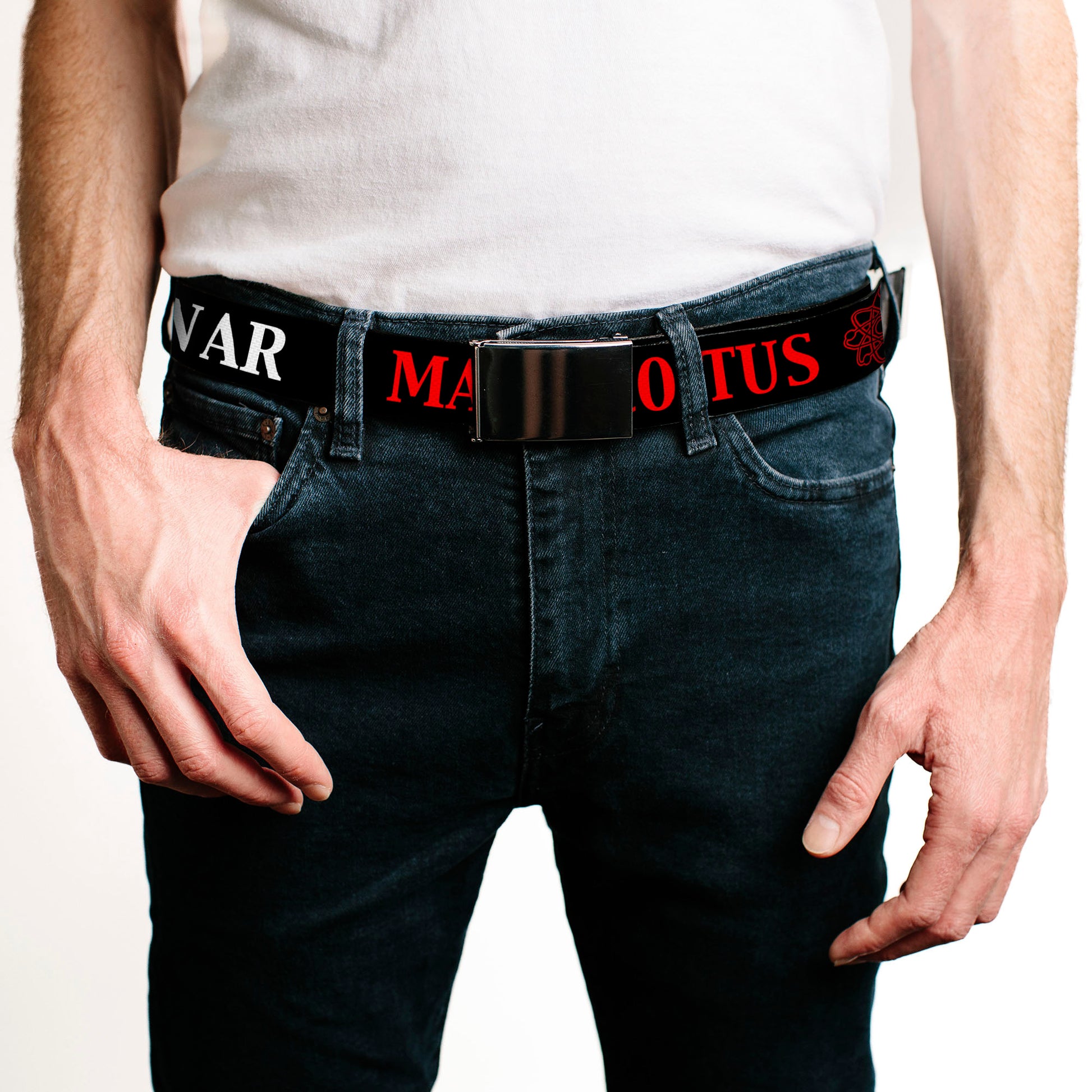 Chrome Buckle Web Belt - Big Bang Theory MAKE COITUS/Atom/NOT WAR Black/Red/White Webbing Web Belts The Big Bang Theory   