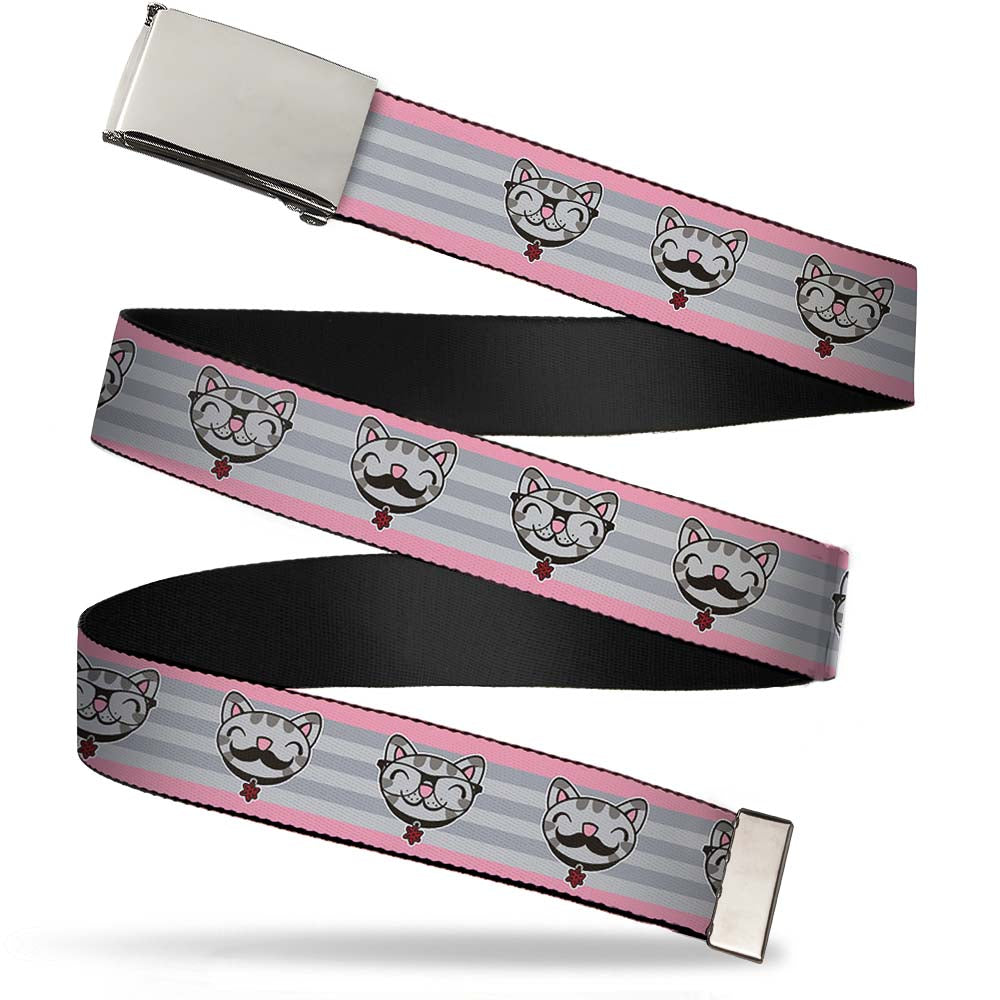 Chrome Buckle Web Belt - Soft Kitty Nerd/Mustacho Expressions Stripe Grays Webbing Web Belts The Big Bang Theory   