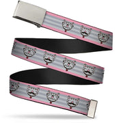 Chrome Buckle Web Belt - Soft Kitty Nerd/Mustacho Expressions Stripe Grays Webbing Web Belts The Big Bang Theory   