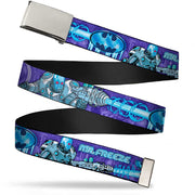 Chrome Buckle Web Belt - MR. FREEZE Poses/Frozen Batman Shield Purples/Blues Webbing Web Belts DC Comics   