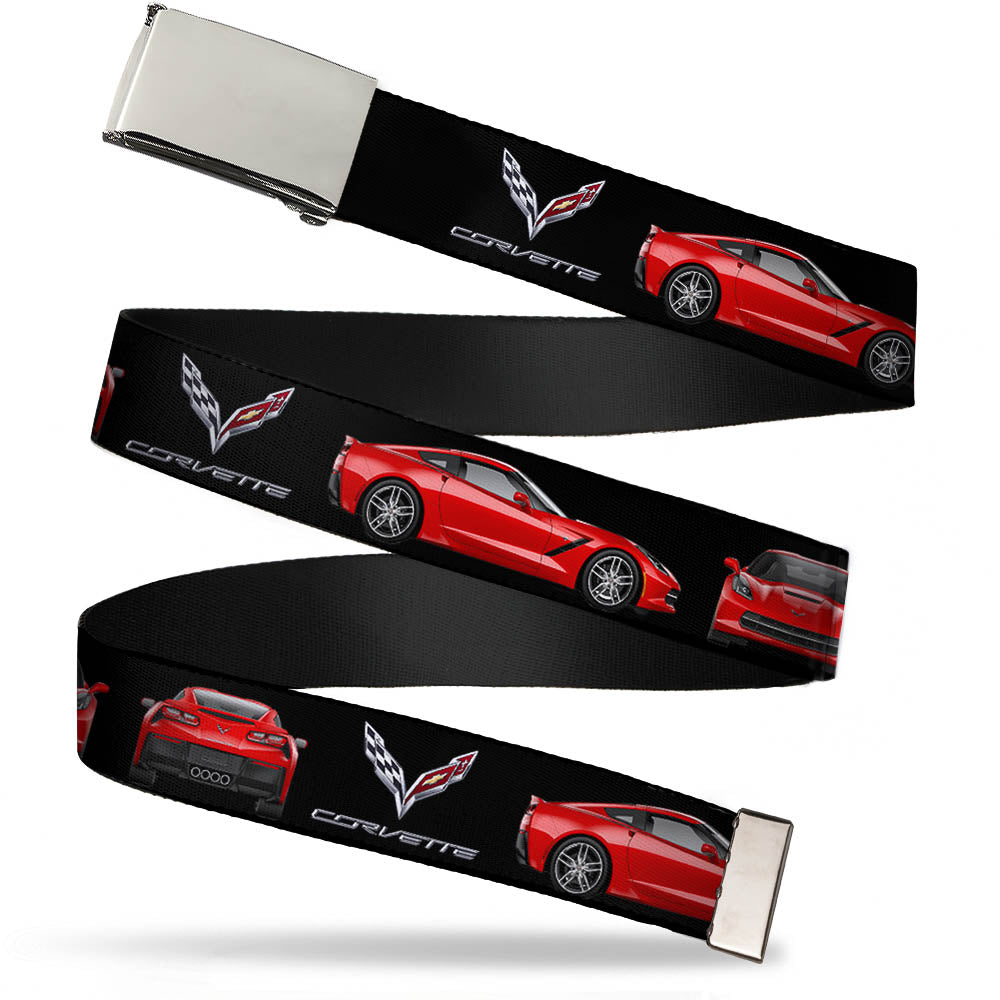 Chrome Buckle Web Belt - C7 Logo/Red C7 Side/Front/Rear Views Black Webbing Web Belts GM General Motors   