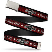 Web Belt Blank Chrome Buckle - Vintage CHEVROLET Bowtie SINCE 1911/Stars Stripe Black/Red/Ivory Webbing Web Belts GM General Motors   