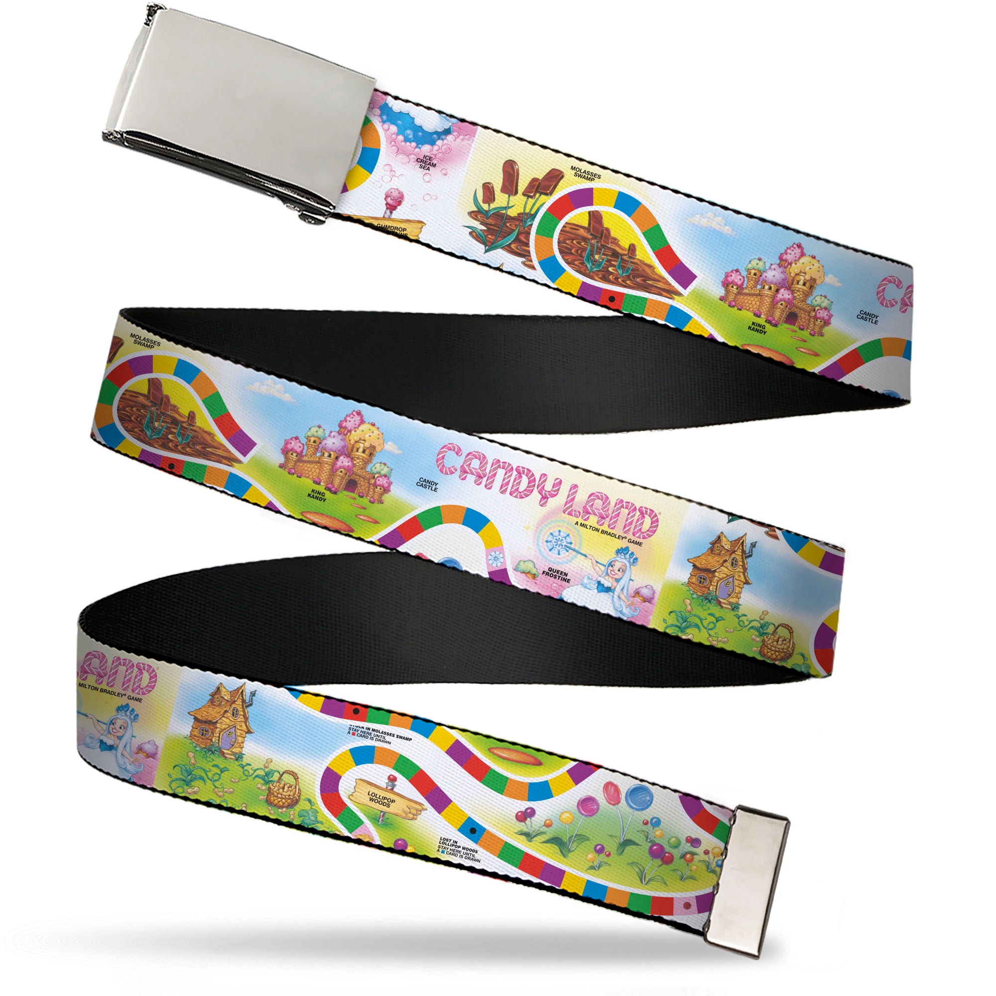 Web Belt Blank Chrome Buckle - CANDY LAND Queen Frostine Game Path Pose and Lands Multi Color Webbing Web Belts Candy Land