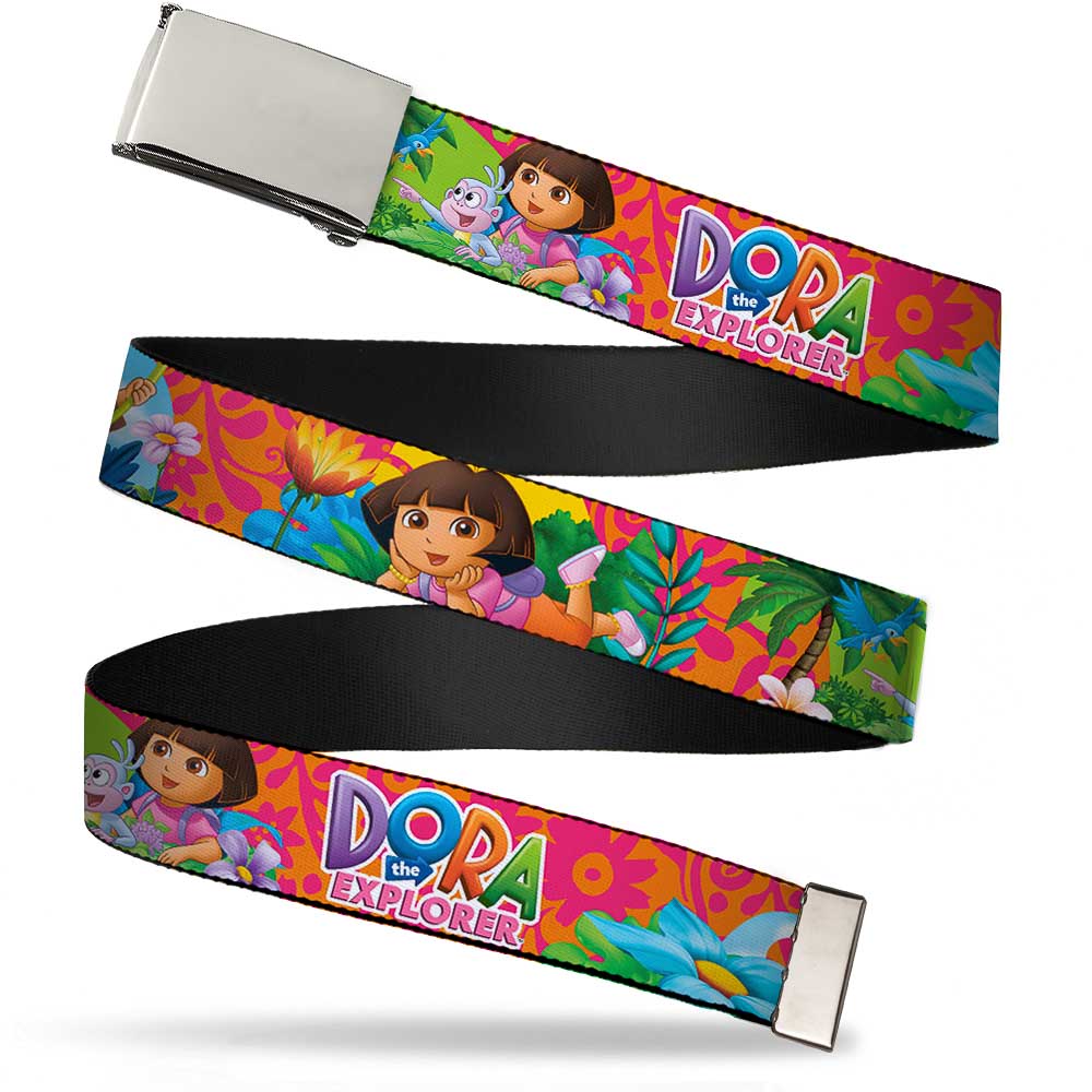 Chrome Buckle Web Belt - DORA THE EXPLORER Dora Poses/Floral Collage Orange/Pink Webbing Web Belts Dora the Explorer