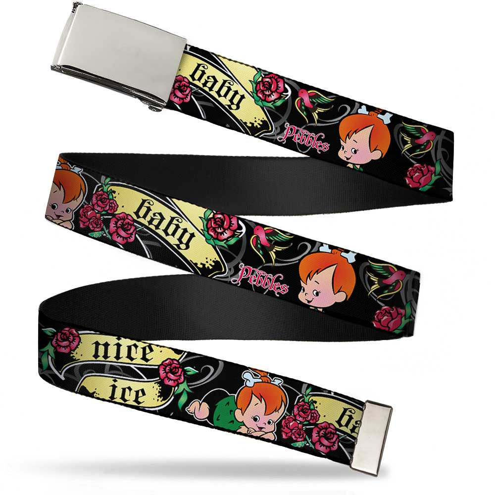 Chrome Buckle Web Belt - Pebbles Face/Pose Tattoo Banners NICE ICE BABY Webbing Web Belts The Flintstones   