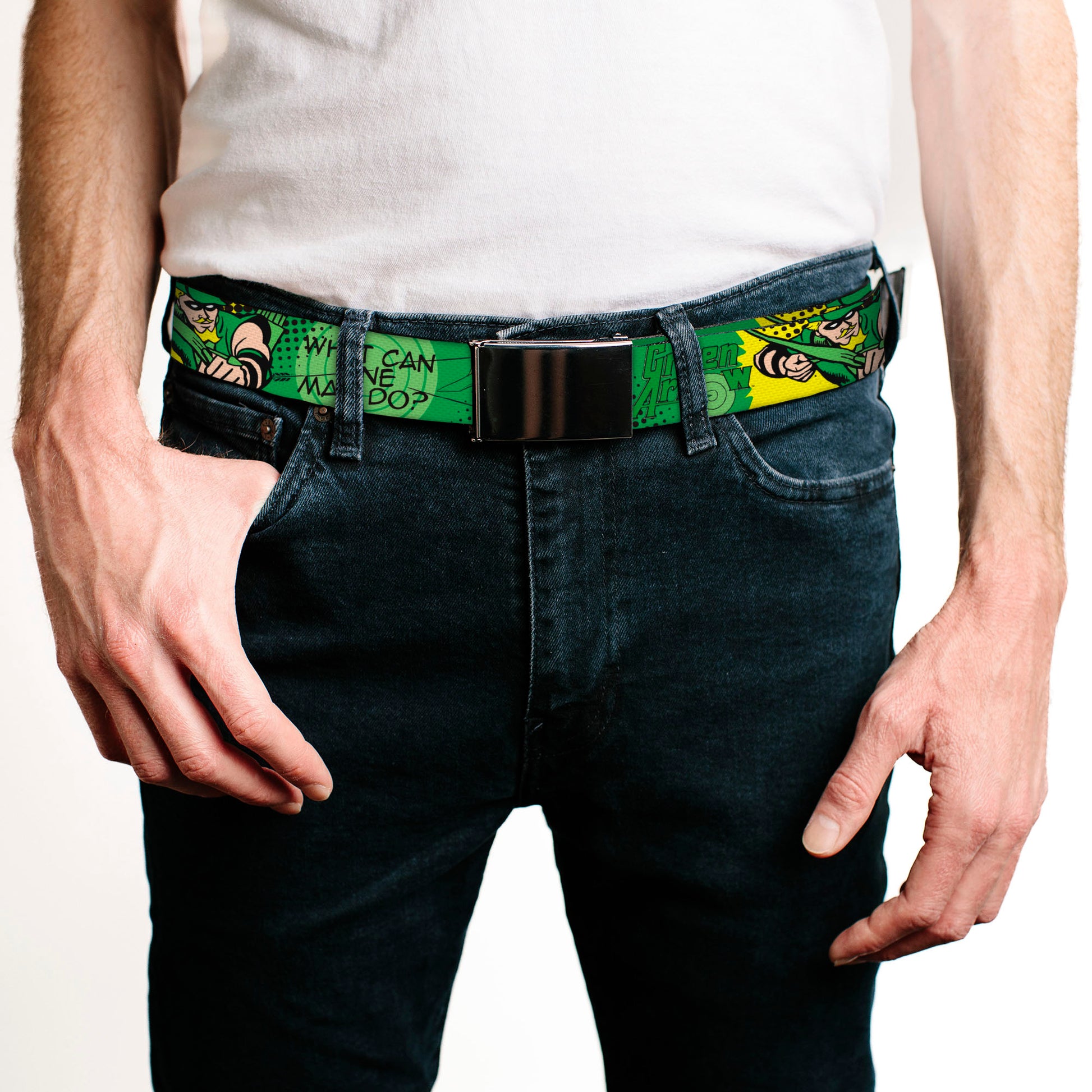 Chrome Buckle Web Belt - GREEN ARROW Poses WHAT CAN ONE MAN DO? Greens/Black Webbing Web Belts DC Comics   