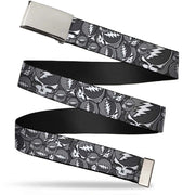 Chrome Buckle Web Belt - Steal Your Face Stacked Gray Webbing Web Belts Grateful Dead   