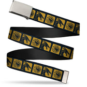 Web Belt Blank Chrome Buckle - House of the Dragon House of Targaryen Sigil and Dragon Roar Blocks Black/Yellow Webbing Web Belts House of the Dragon