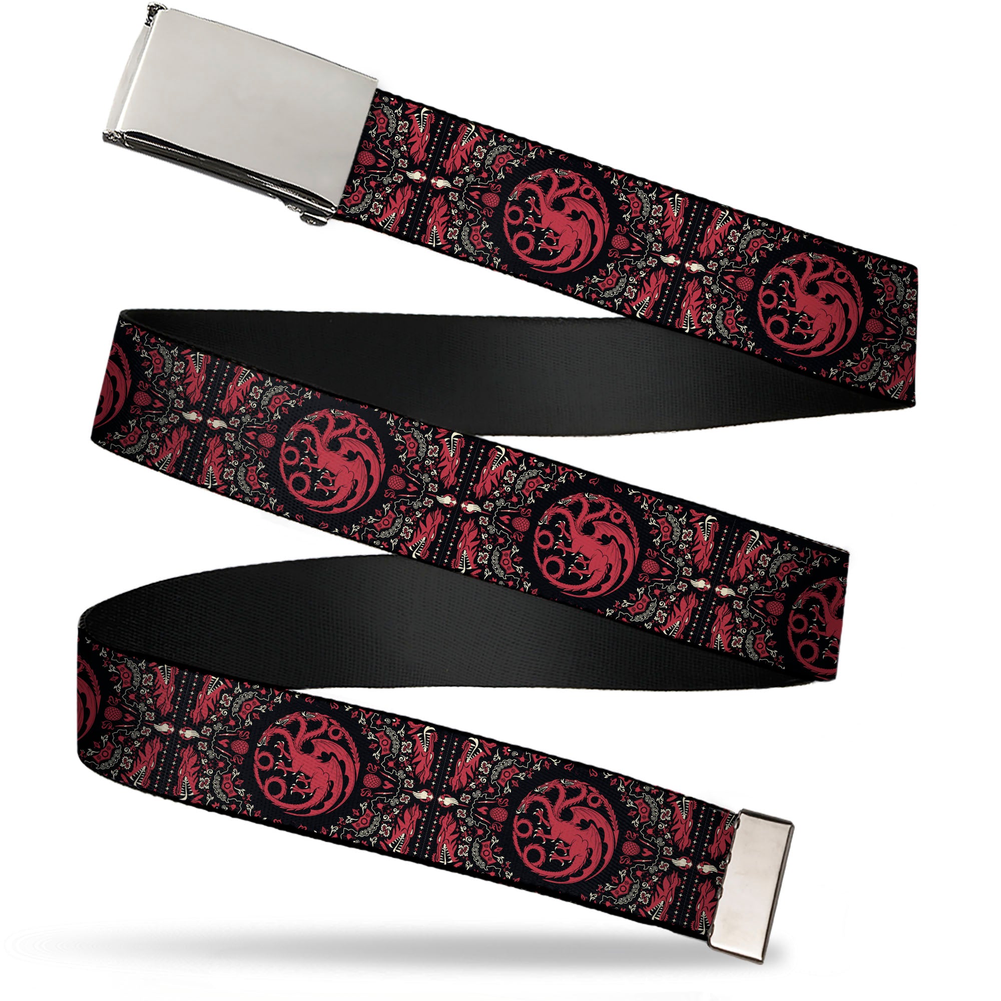 Web Belt Blank Chrome Buckle - House of the Dragon Targaryen Sigil Four-Legged Dragon Black/Red/Grays Webbing Web Belts House of the Dragon